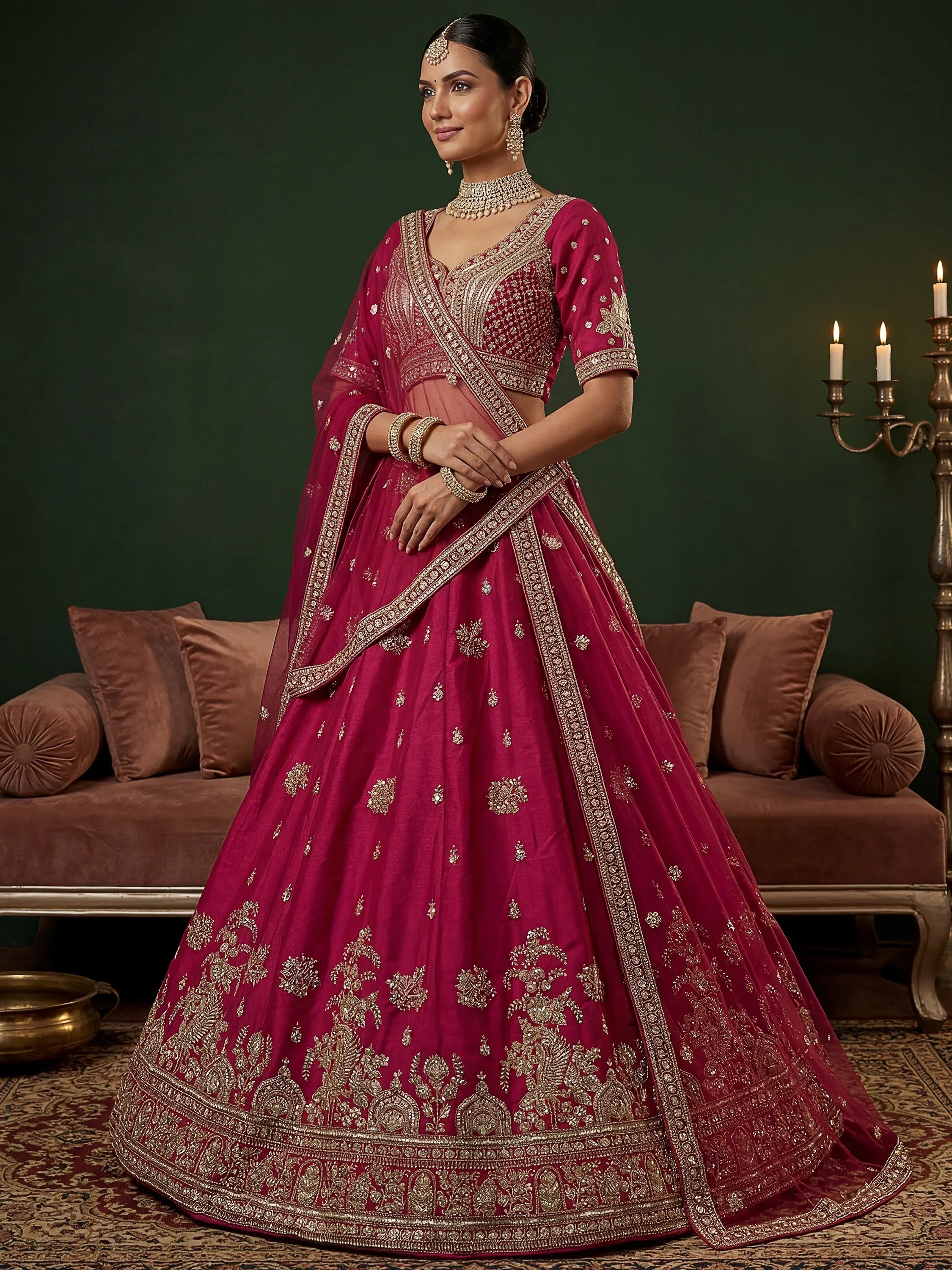 Alluring Rani Pink Silk Bridal Lehenga Choli With Double Dupatta