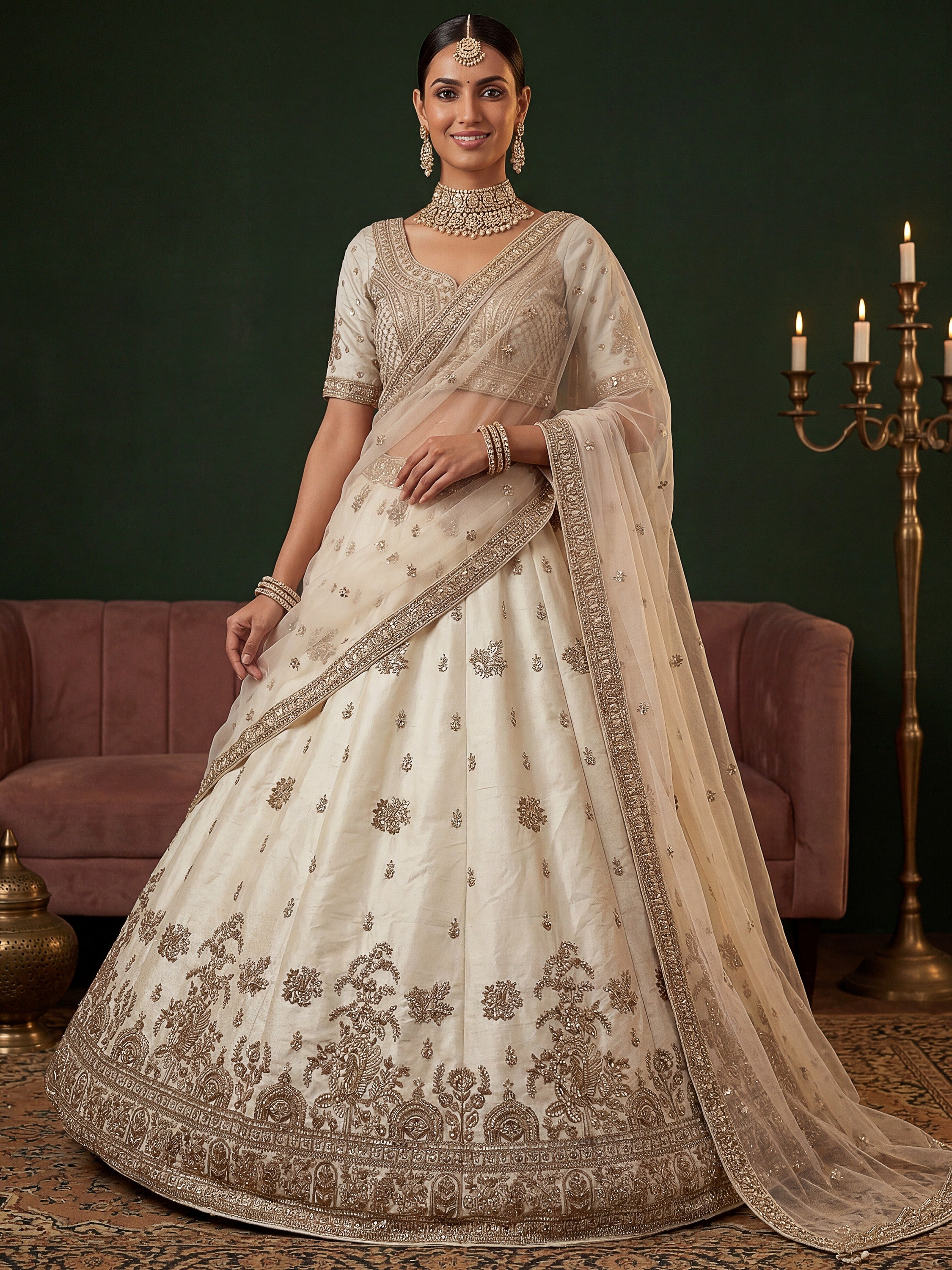 Ravishing Off White Sequins Silk Bridal Lehenga Choli With Double Dupatta