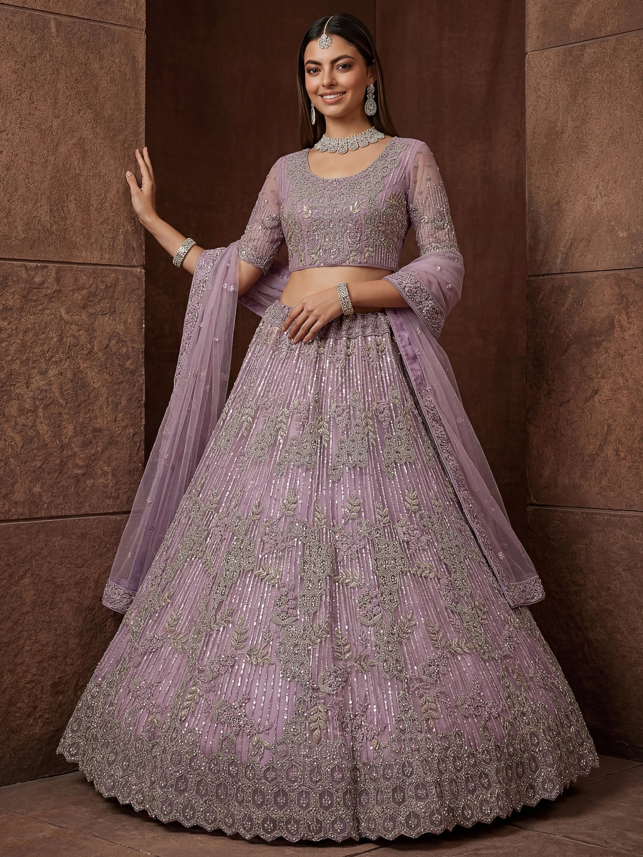 Breathtaking Lavender Zircon Work Net Bridesmaid Lehenga With Blouse