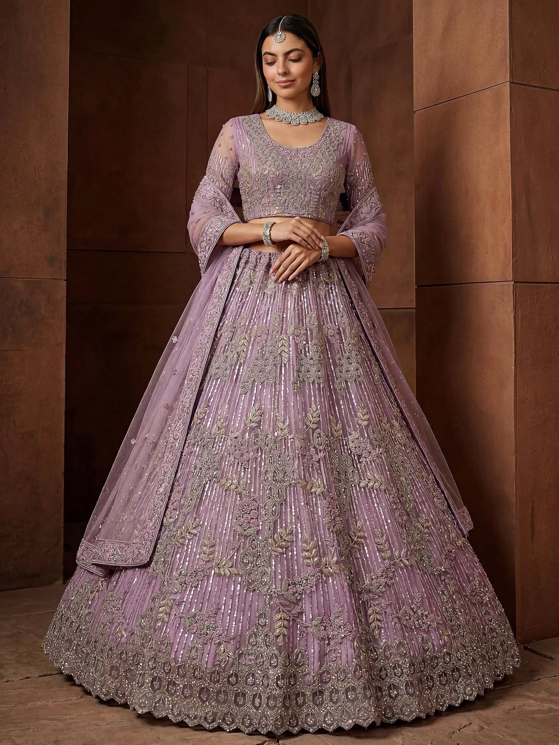 Breathtaking Lavender Zircon Work Net Bridesmaid Lehenga With Blouse