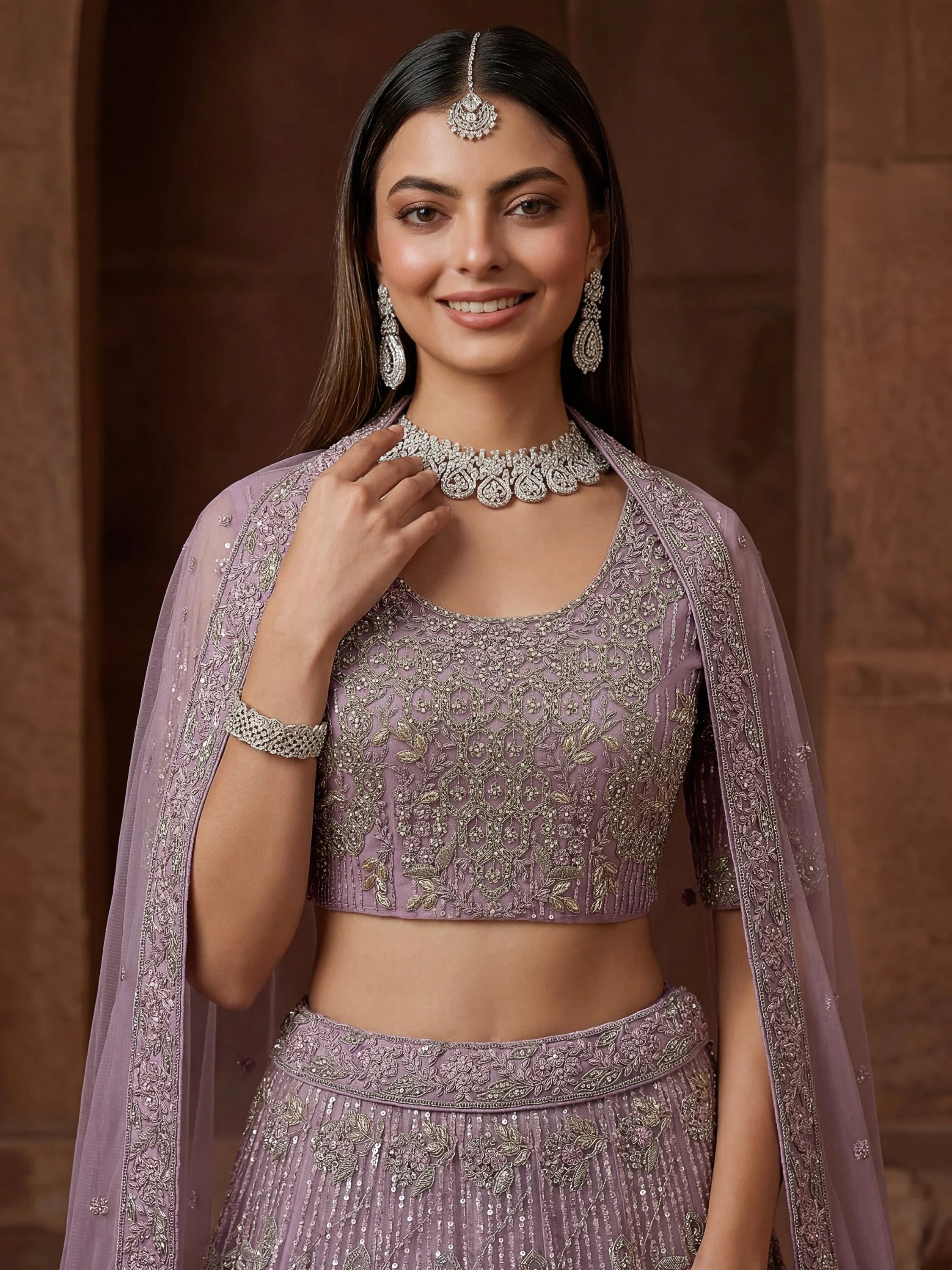 Breathtaking Lavender Zircon Work Net Bridesmaid Lehenga With Blouse