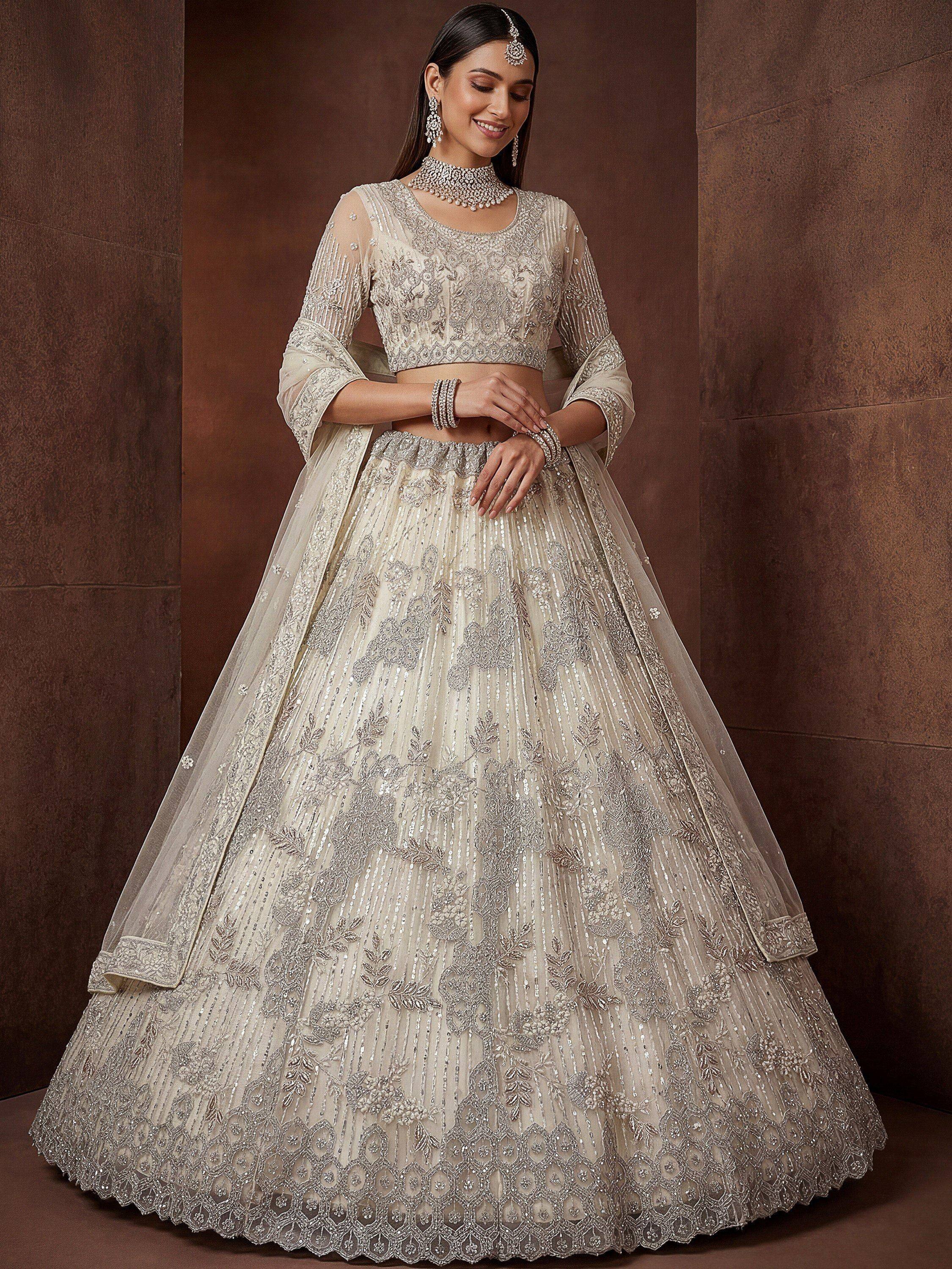 Noteworthy Beige Sequins Net Sangeet Wear Lehenga Choli With Dupatta