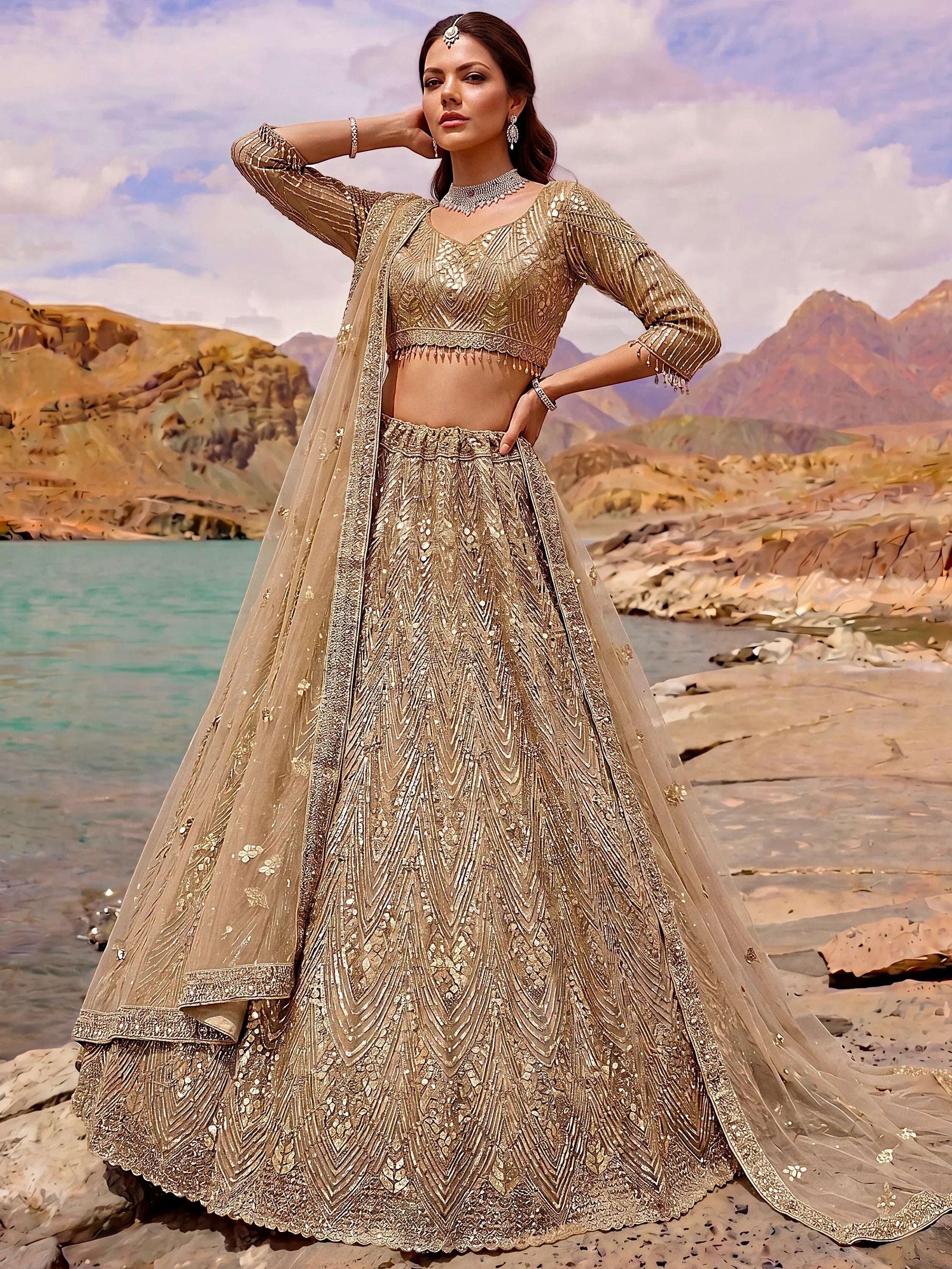 Luxurious Gold Sequins Net Reception Wear Lehenga Choli With Dupatta