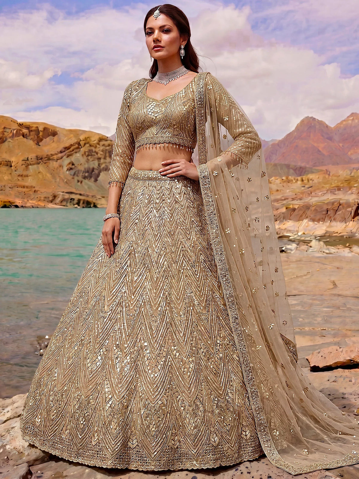 Luxurious Gold Sequins Net Reception Wear Lehenga Choli With Dupatta