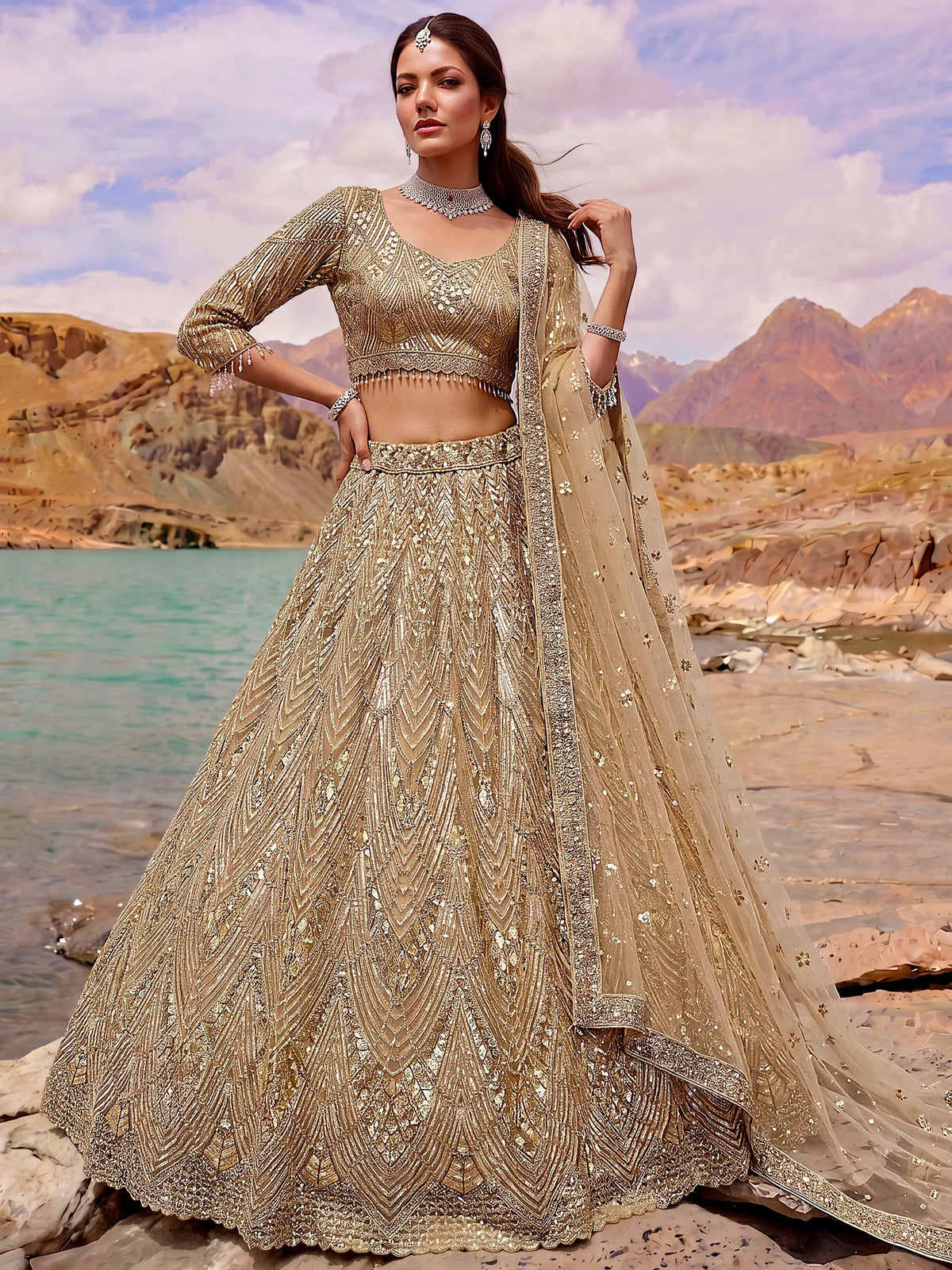 Luxurious Gold Sequins Net Reception Wear Lehenga Choli With Dupatta