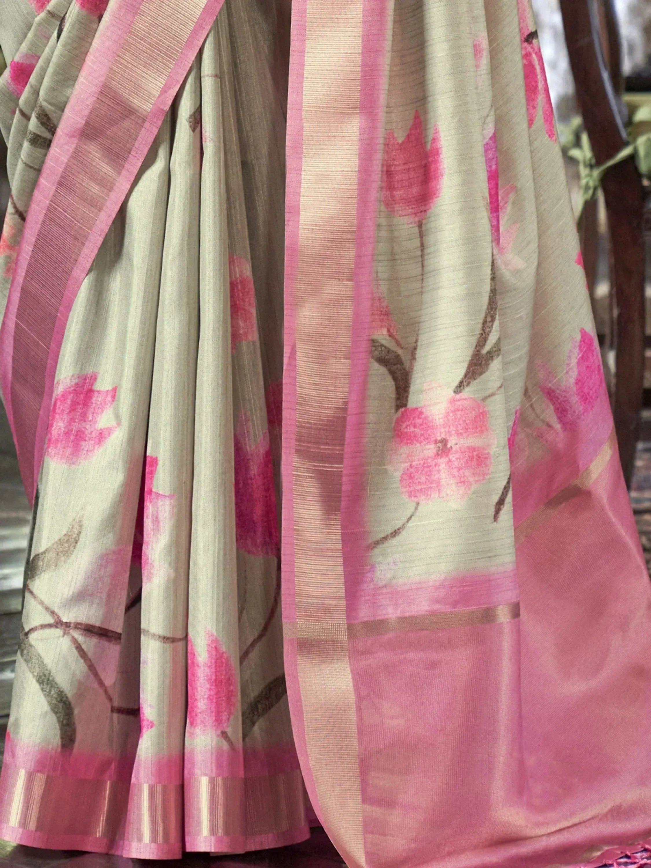 Pink floral printed saree with golden border, ethnic Indian wear