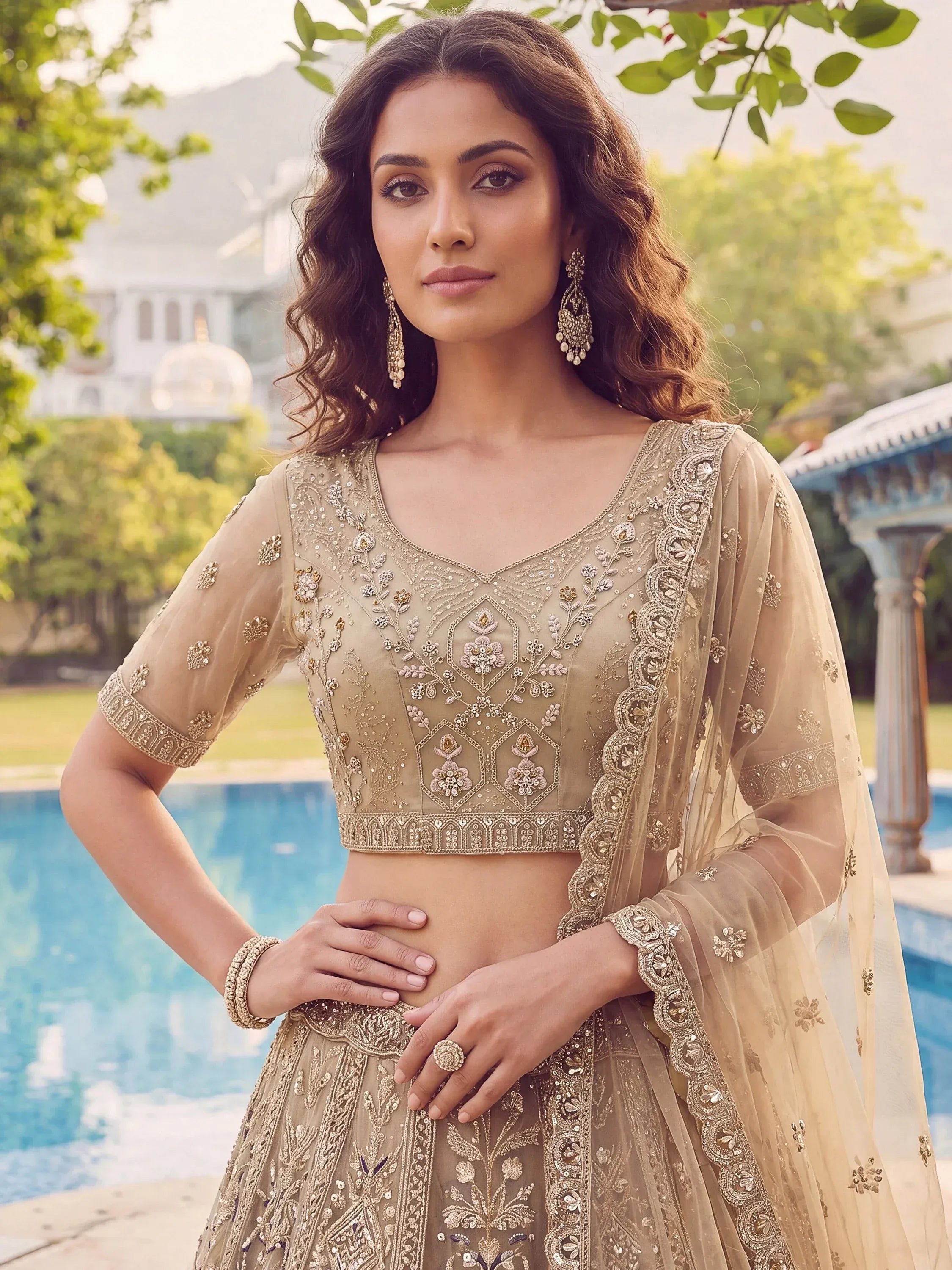 Shiny Beige Embroidered Net Reception Wear Lehenga Choli With Dupatta