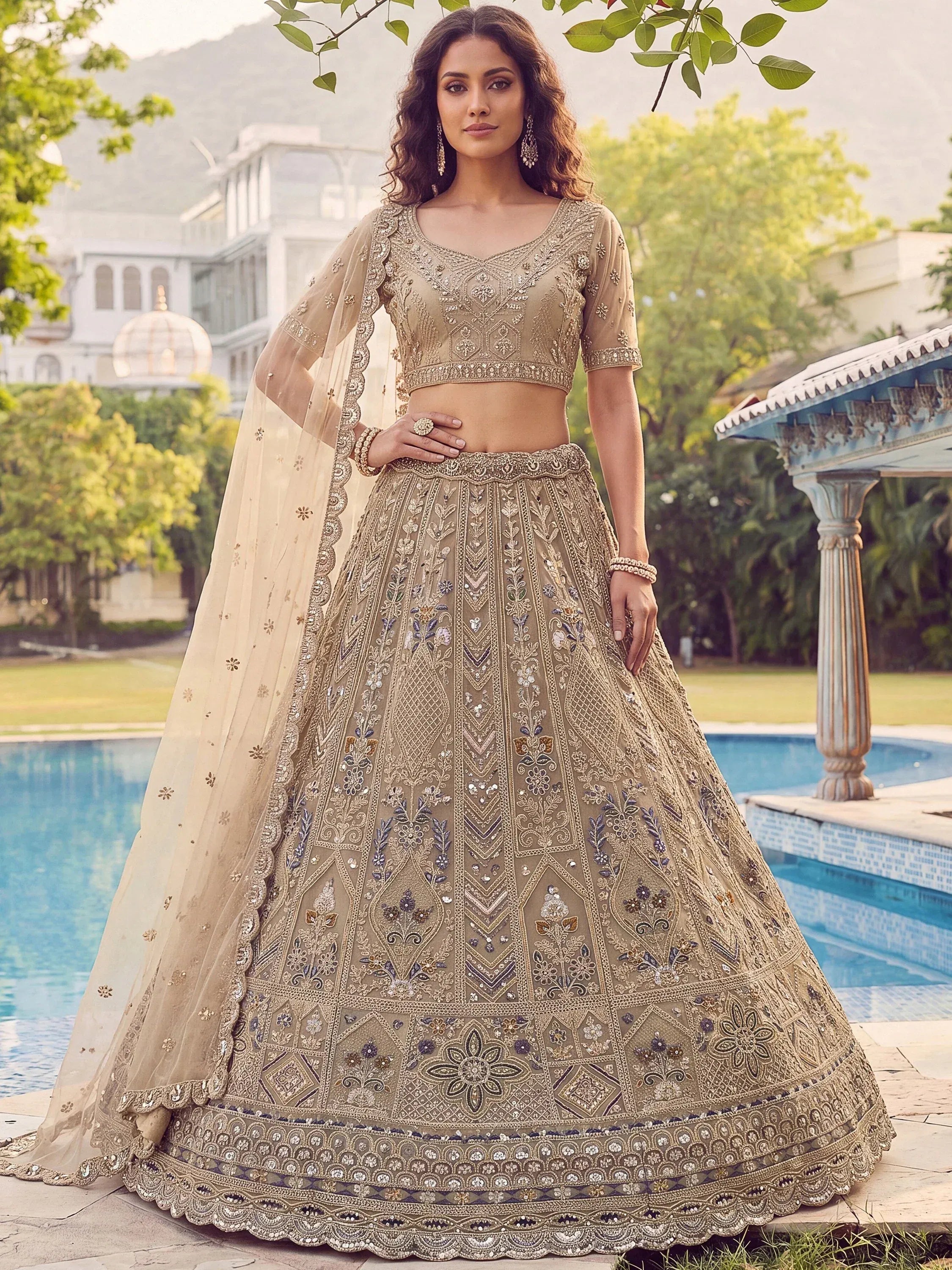 Shiny Beige Embroidered Net Reception Wear Lehenga Choli With Dupatta