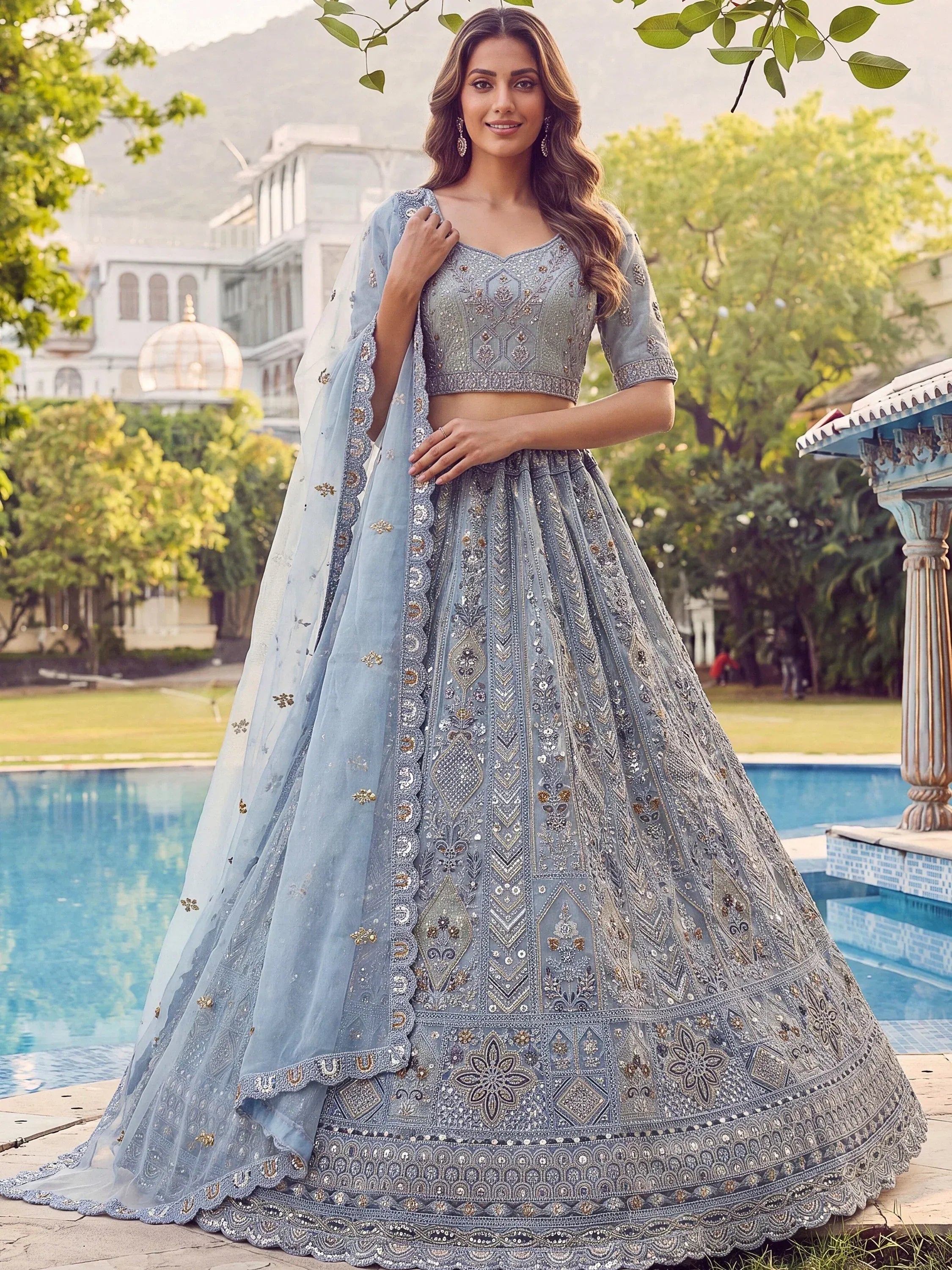 Incredible Blue Embroidered Net Party Wear Lehenga Choli with Dupatta