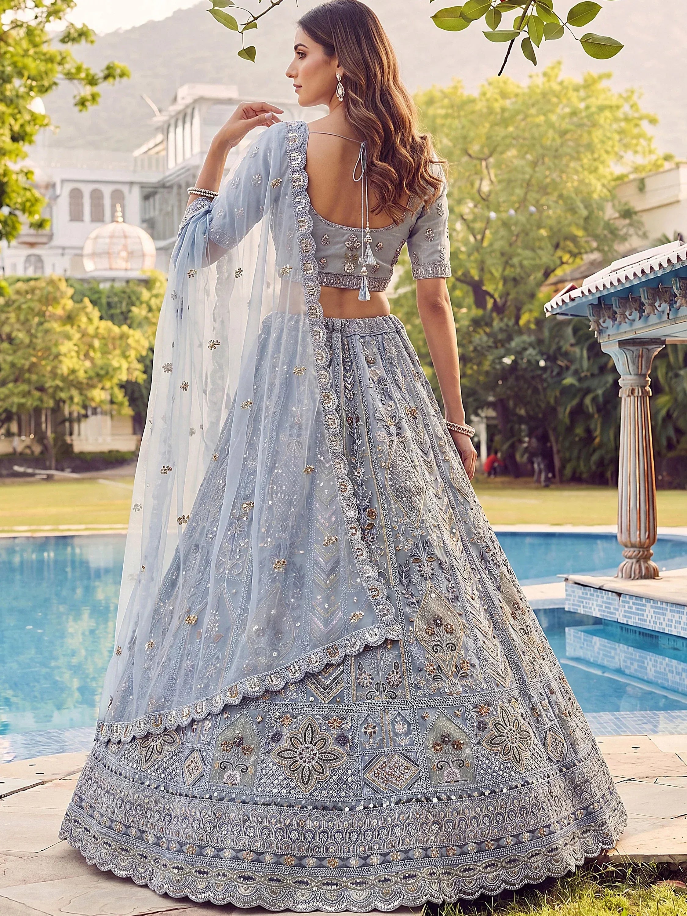 Incredible Blue Embroidered Net Party Wear Lehenga Choli with Dupatta