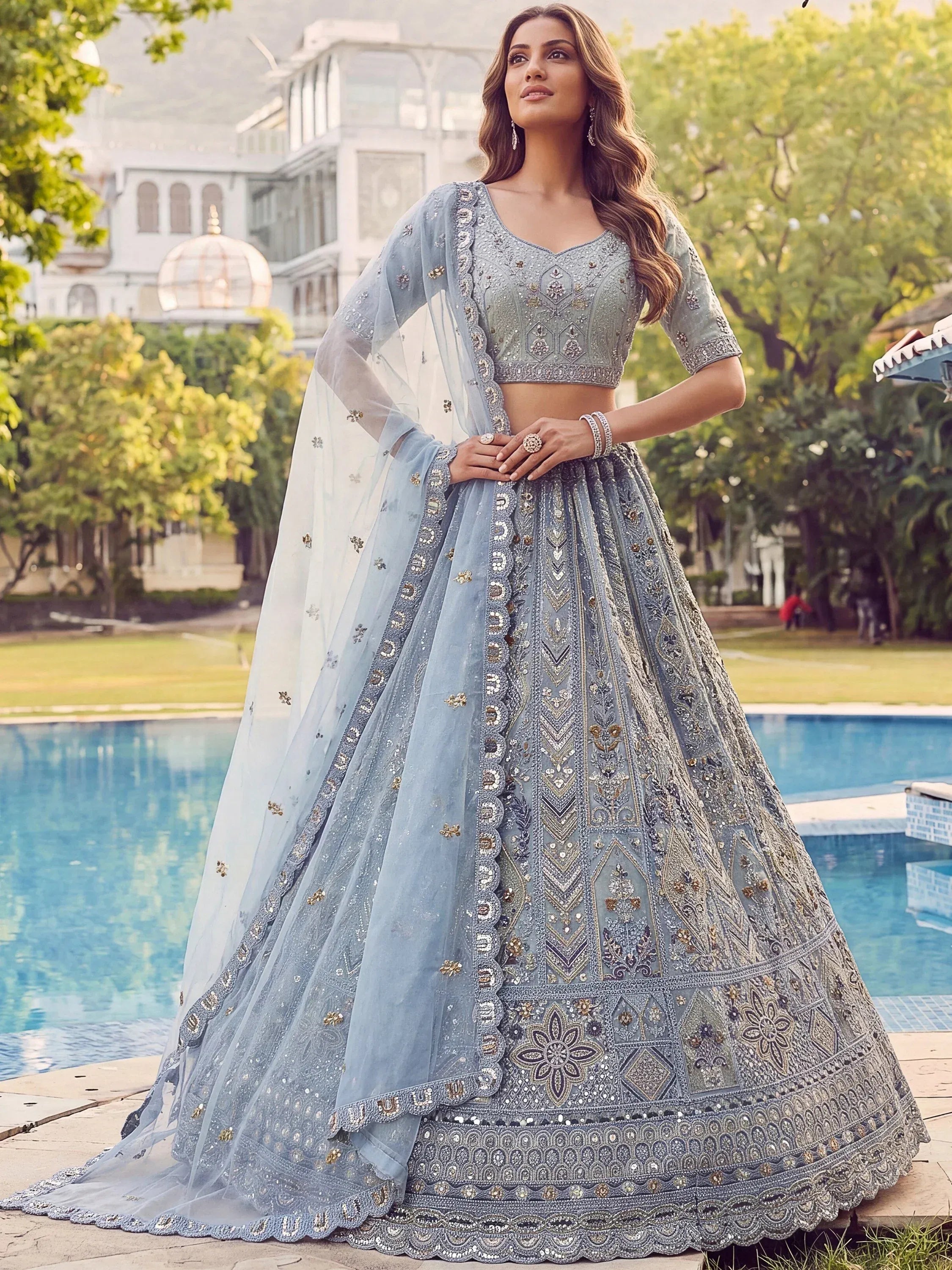 Incredible Blue Embroidered Net Party Wear Lehenga Choli with Dupatta