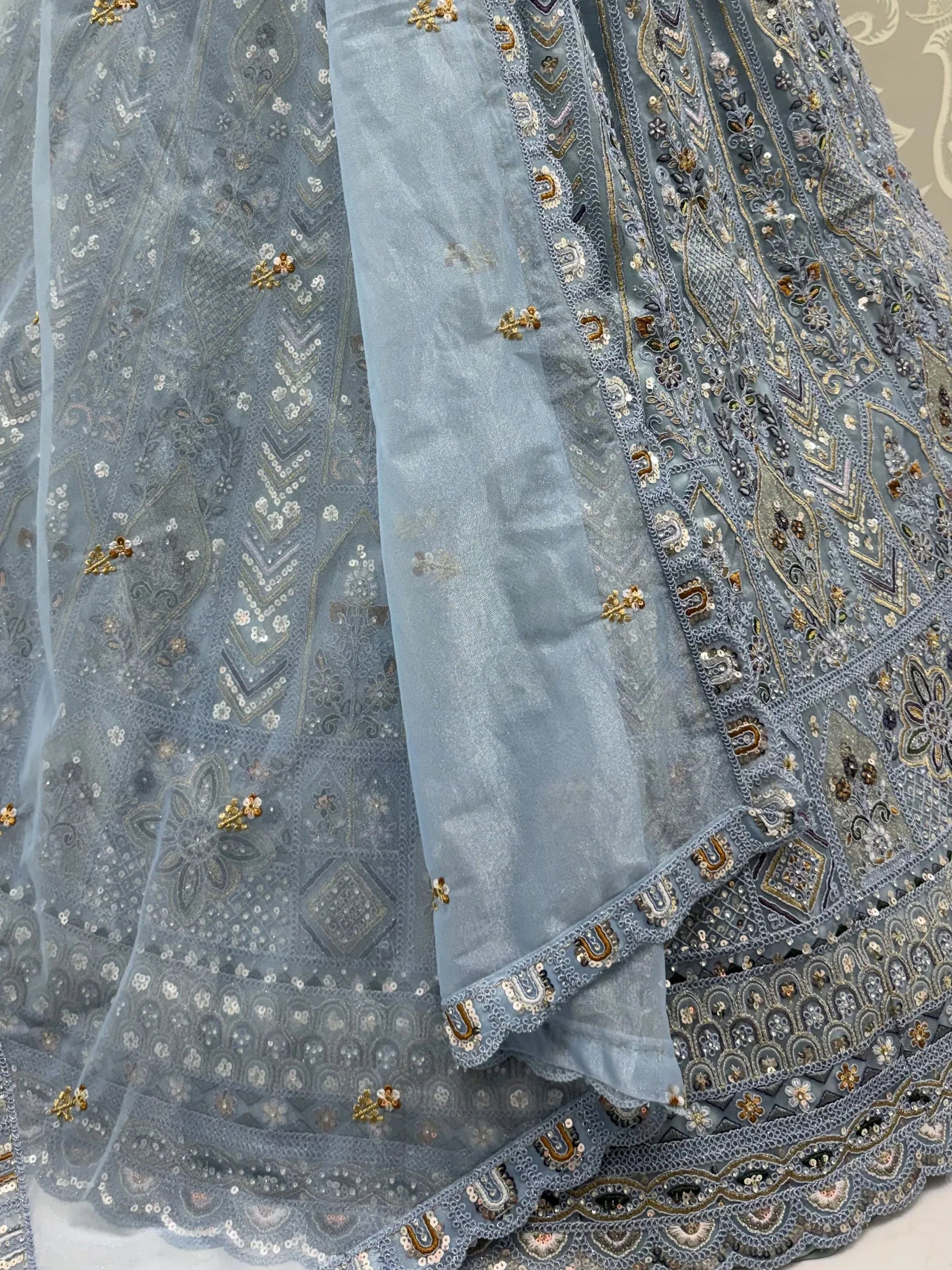 Incredible Blue Embroidered Net Party Wear Lehenga Choli with Dupatta