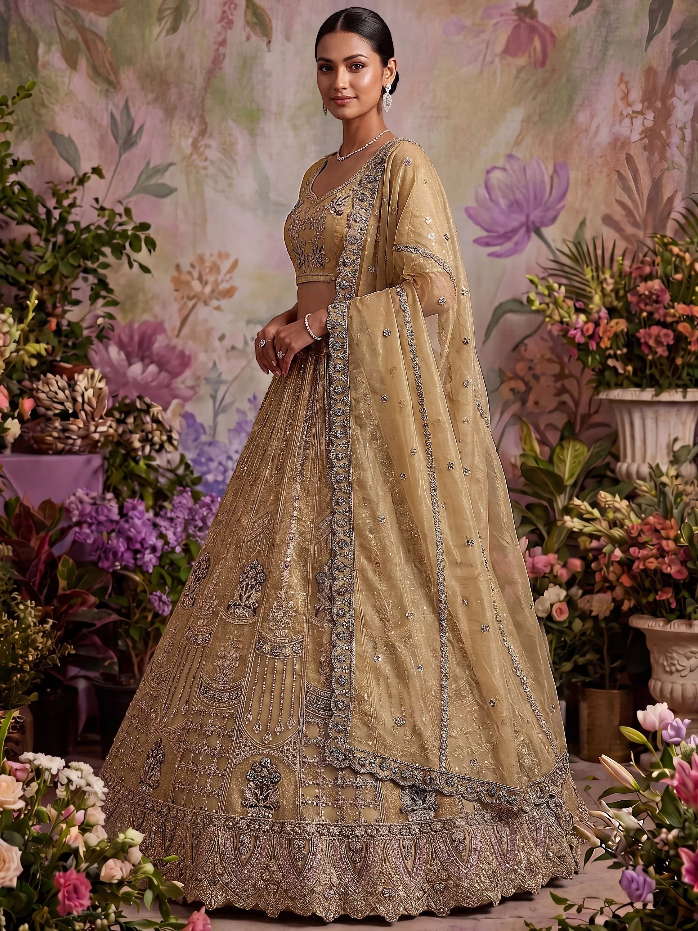 Royal Beige Zari Work Net Wedding Wear Lehenga Choli With Dupatta