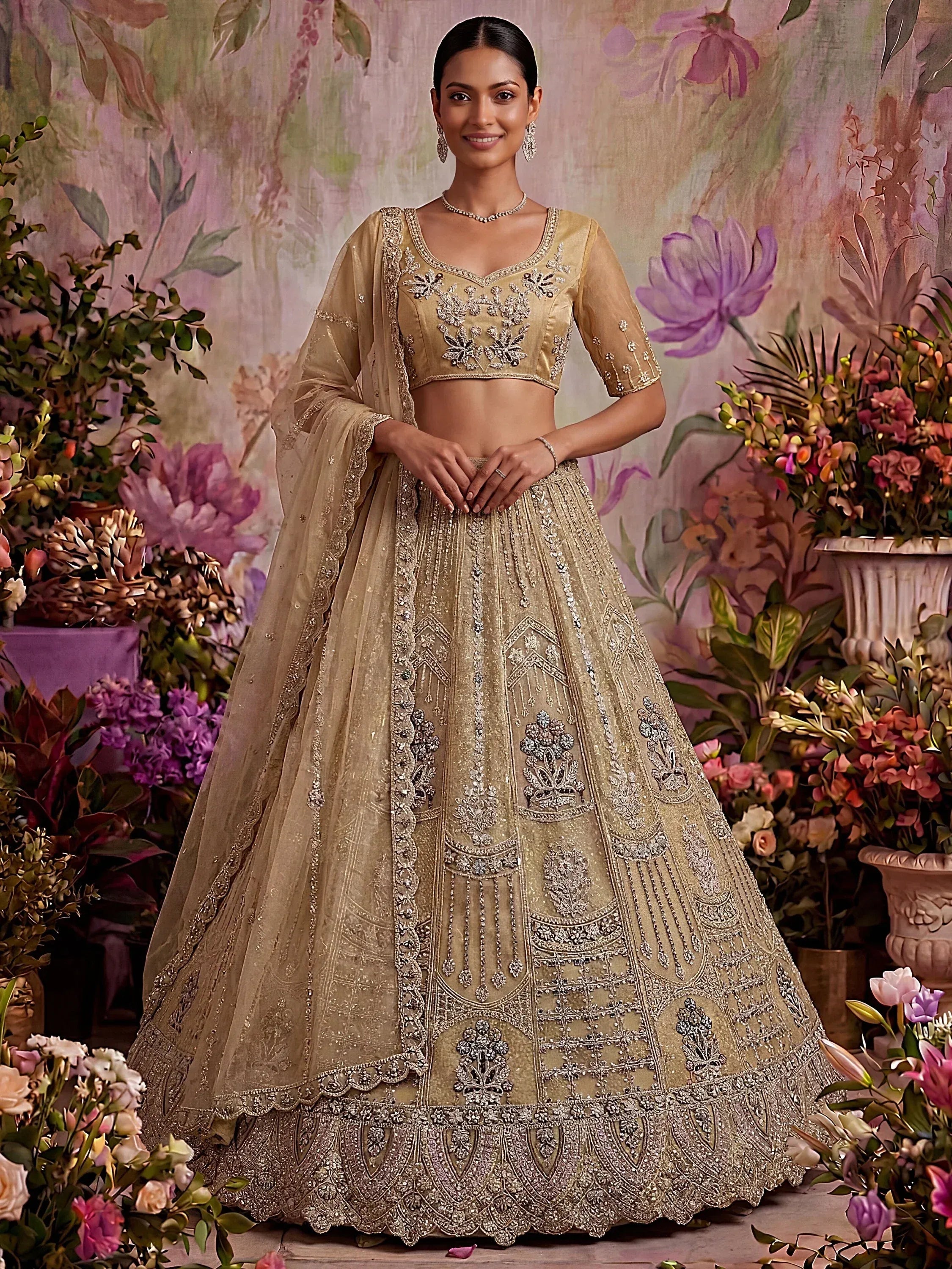 Royal Beige Zari Work Net Wedding Wear Lehenga Choli With Dupatta