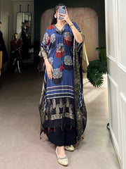 Amazing Blue Zari Weaving Jacquard Function Wear Kaftan