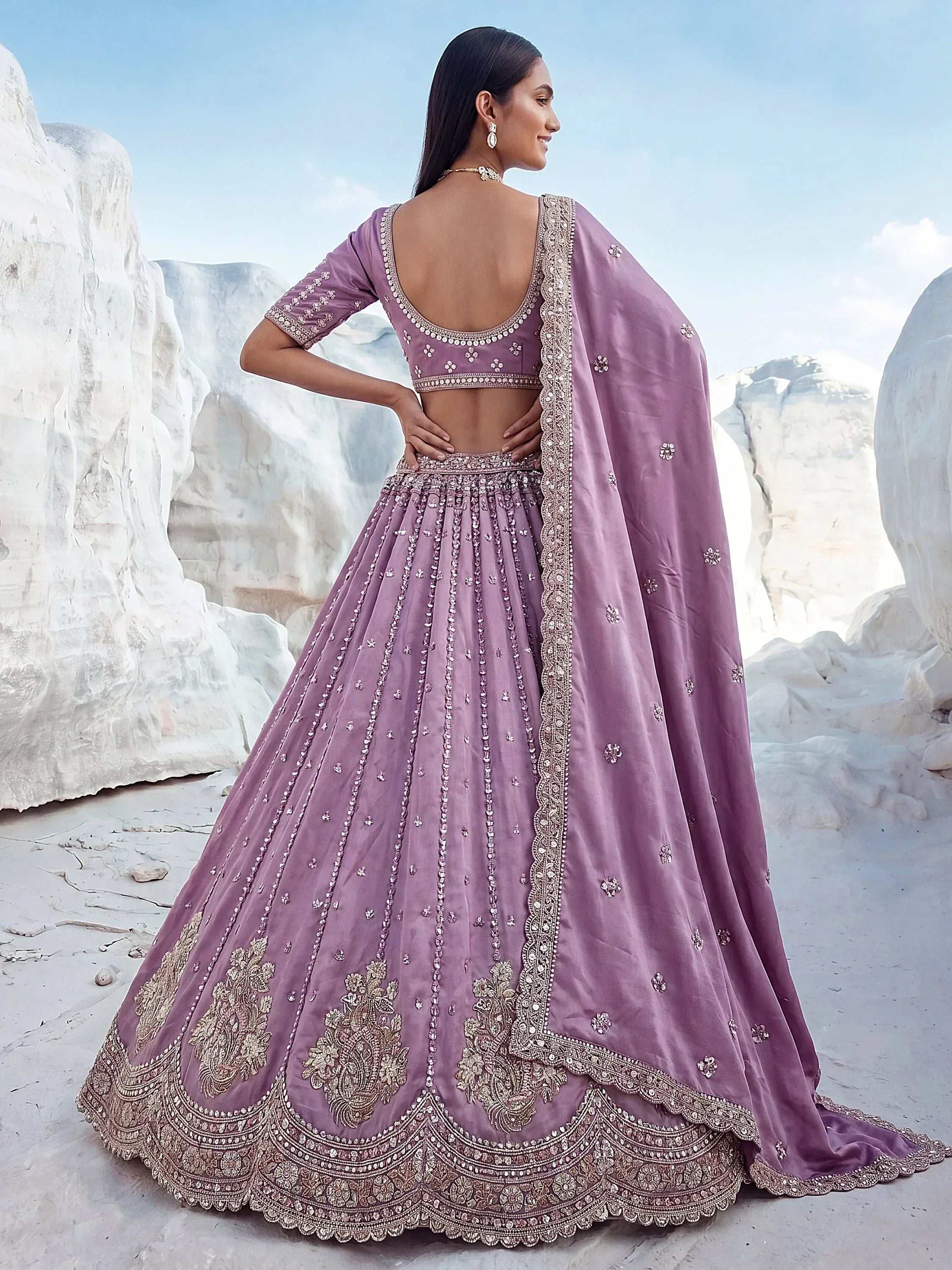 Fantastic Lavender Sequins Silk Reception Wear Lehenga Choli