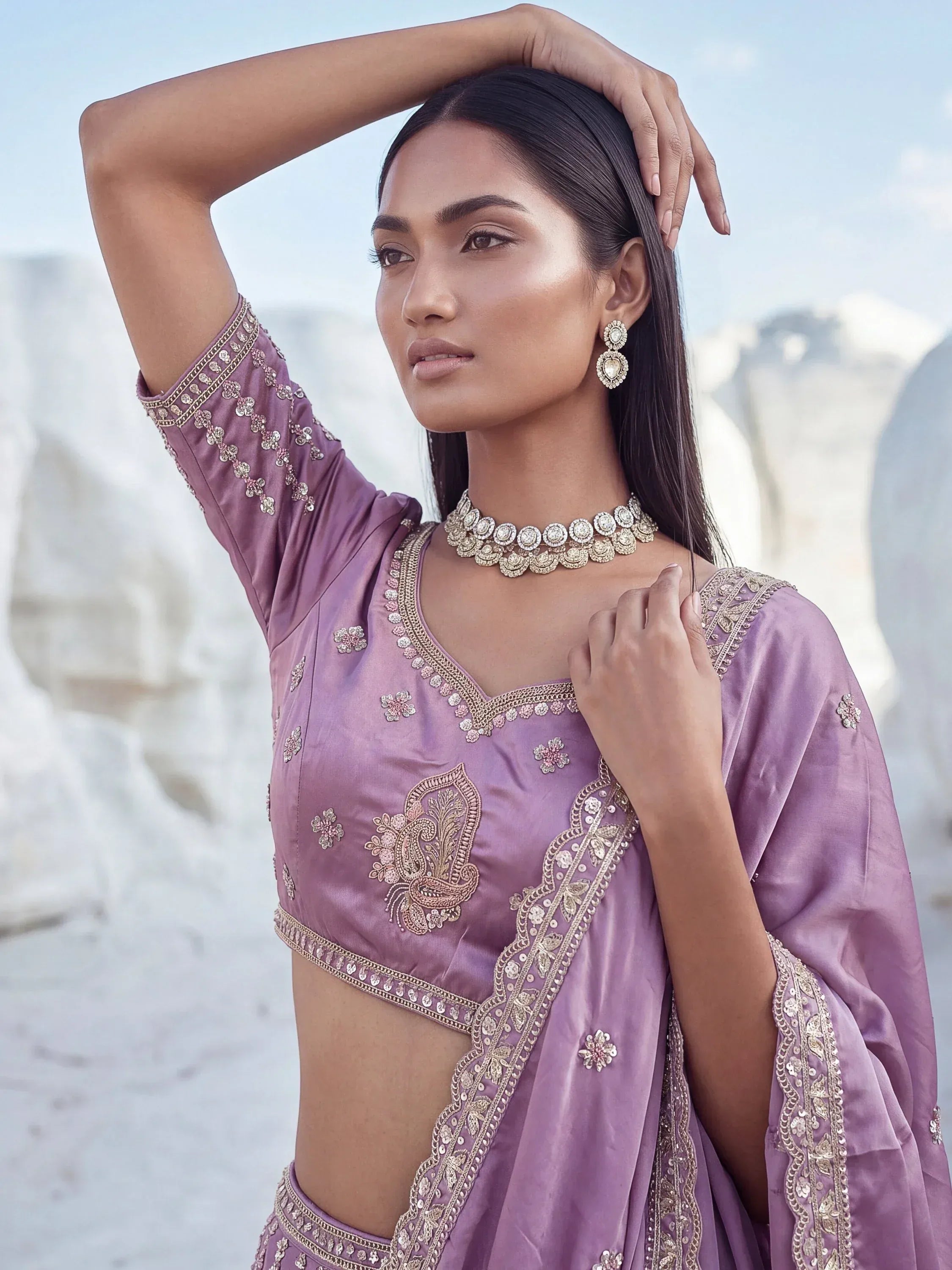 Fantastic Lavender Sequins Silk Reception Wear Lehenga Choli