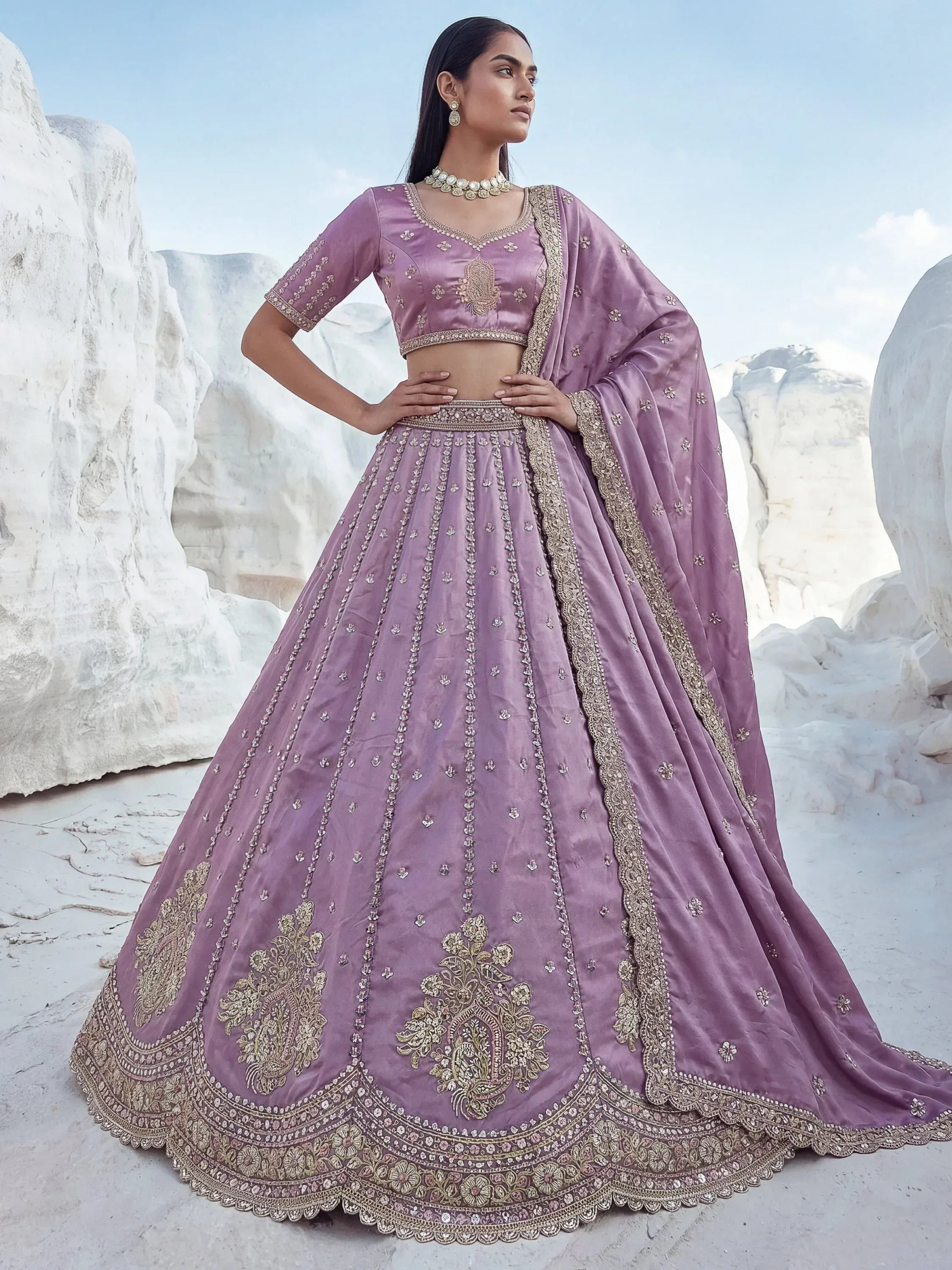 Fantastic Lavender Sequins Silk Reception Wear Lehenga Choli