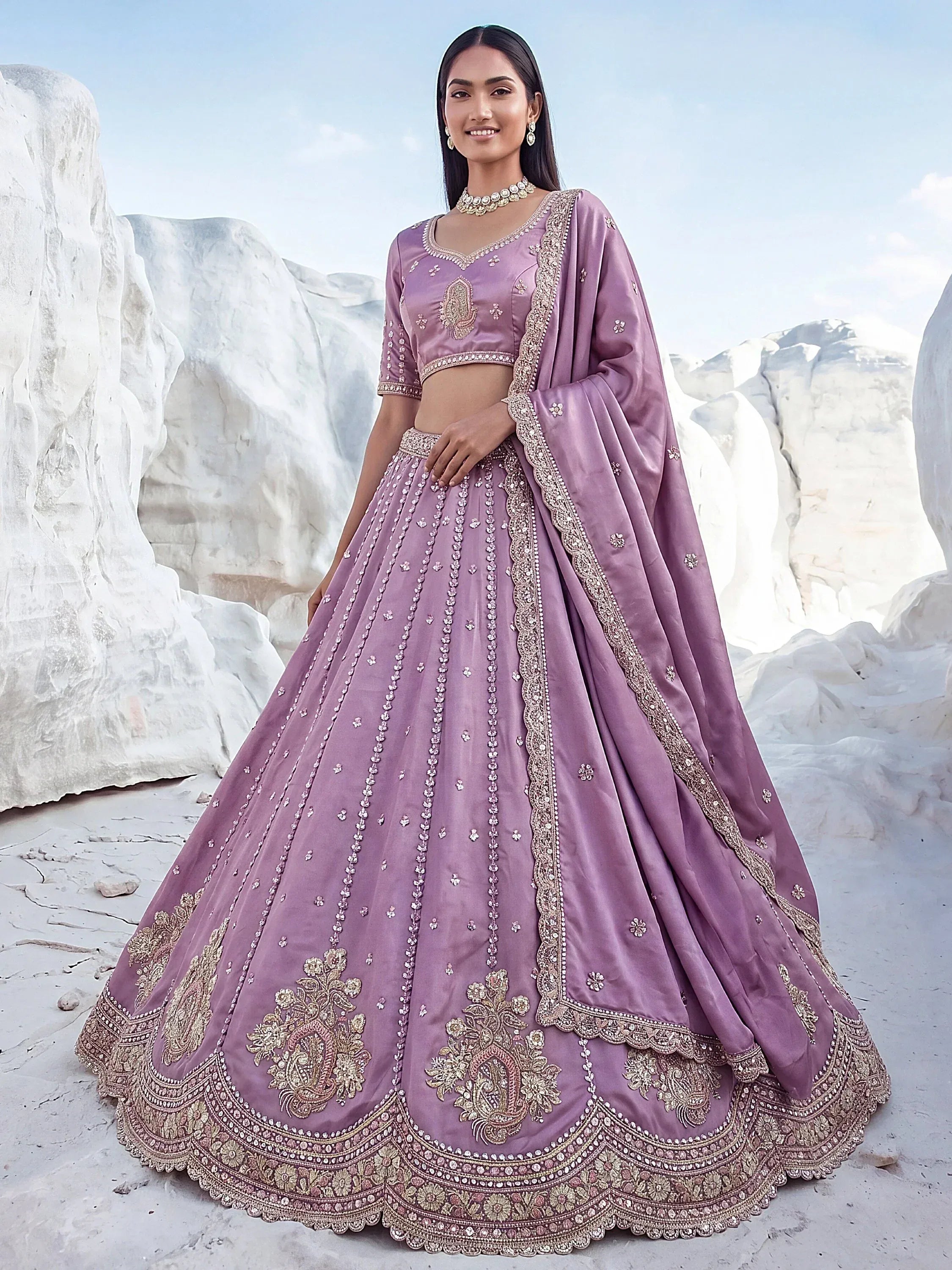 Fantastic Lavender Sequins Silk Reception Wear Lehenga Choli