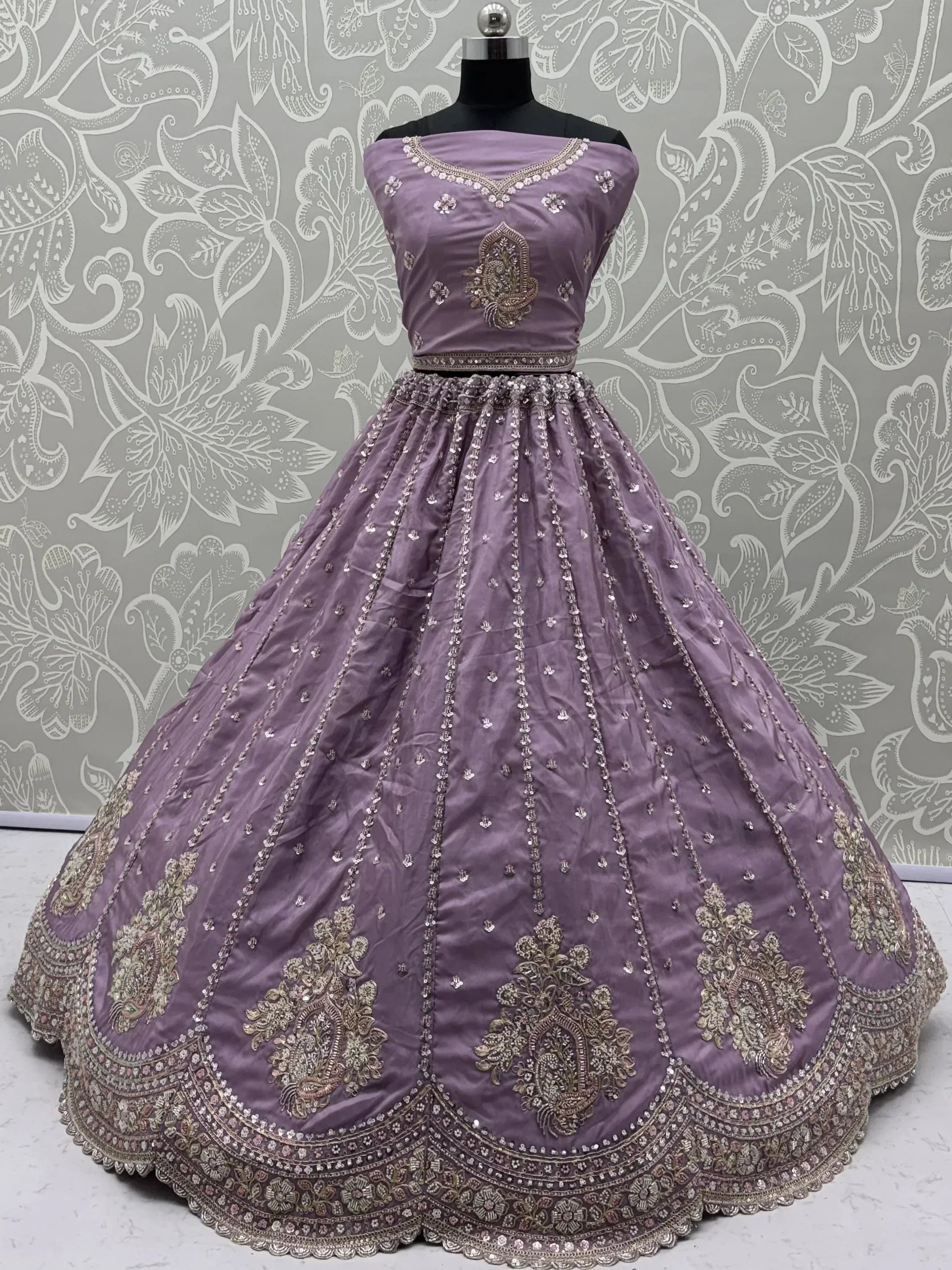 Fantastic Lavender Sequins Silk Reception Wear Lehenga Choli