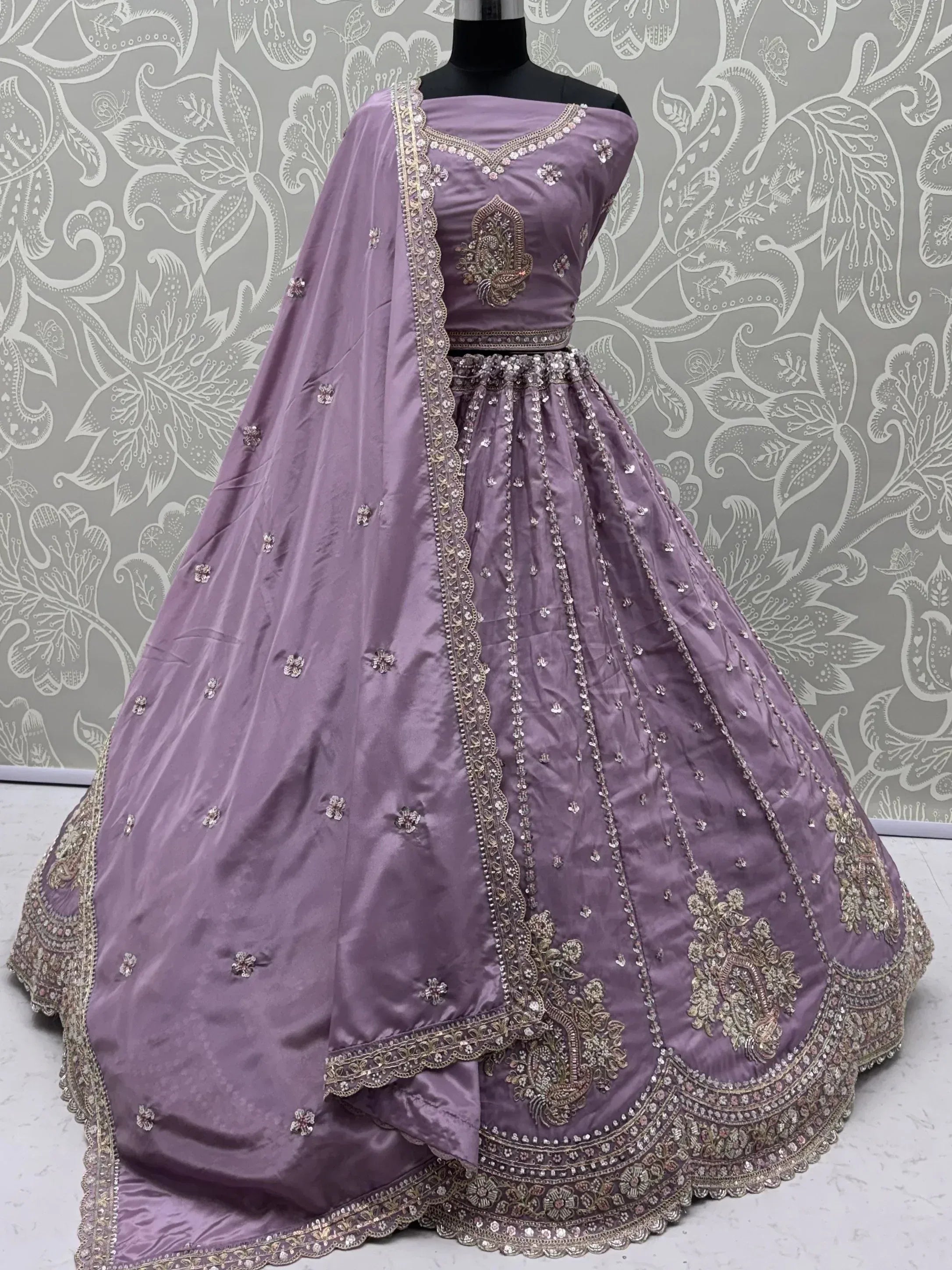 Fantastic Lavender Sequins Silk Reception Wear Lehenga Choli