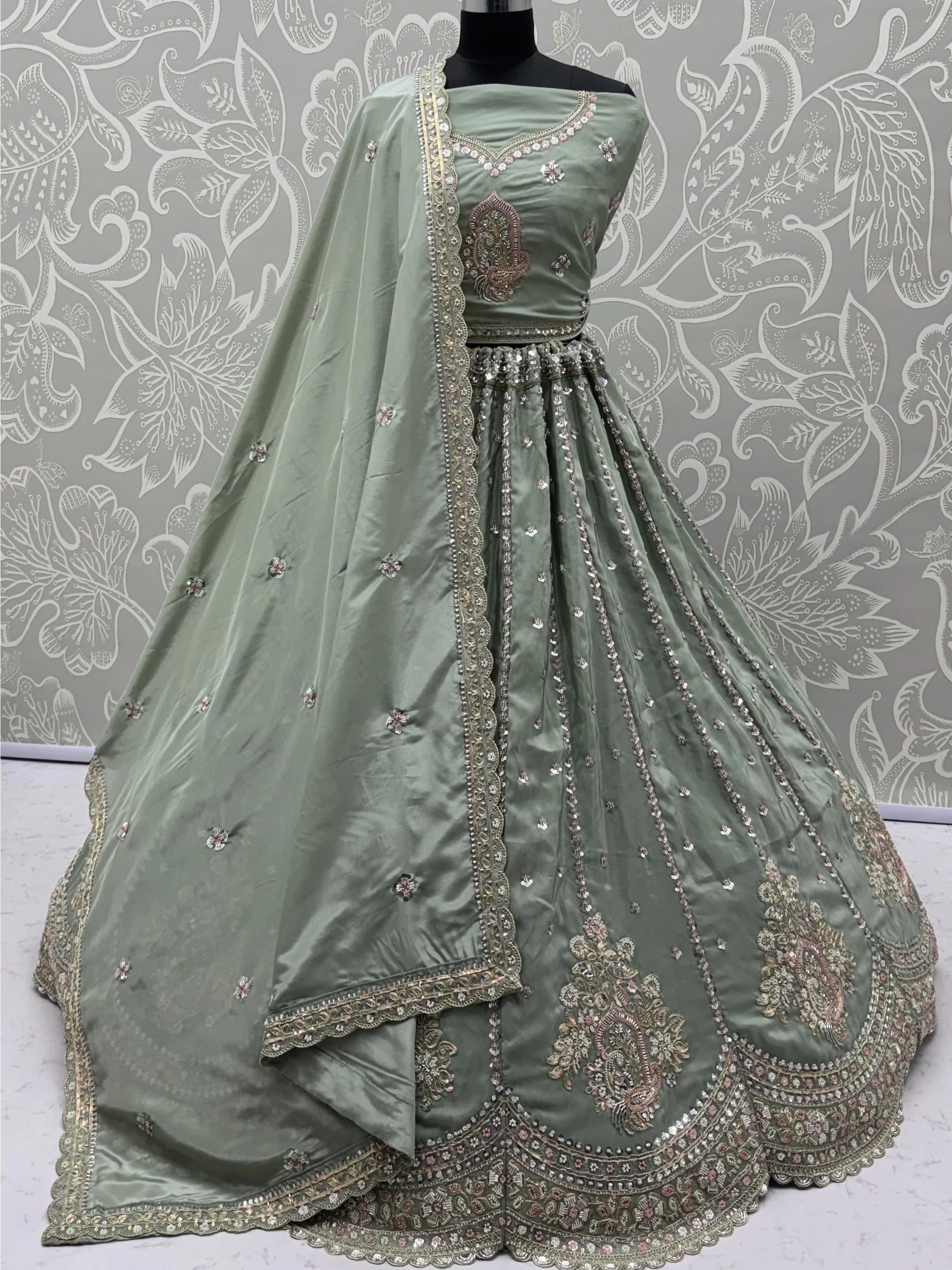 Awesome Green Embroidered Silk Wedding Wear Lehenga With Blouse