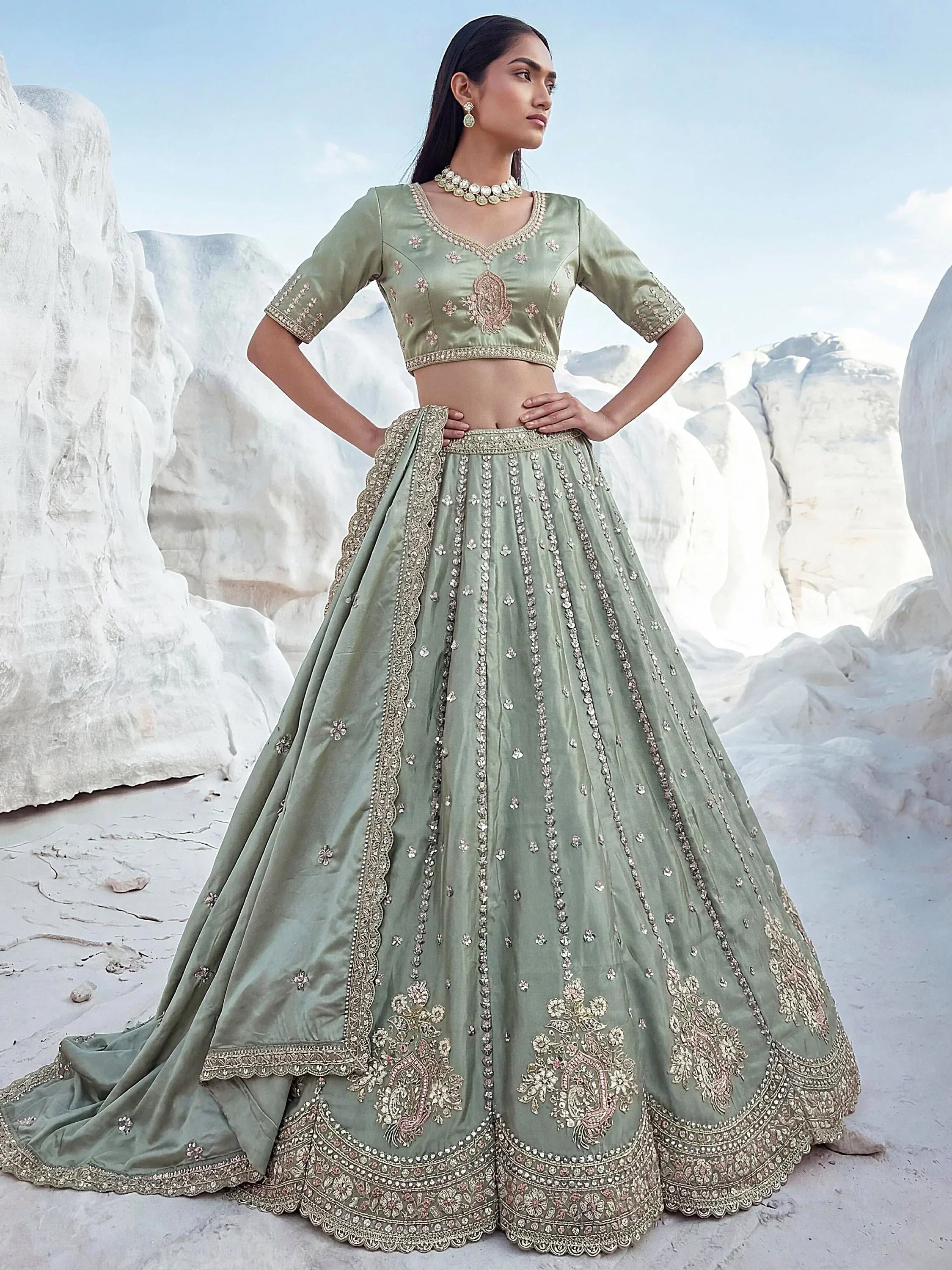 Awesome Green Embroidered Silk Wedding Wear Lehenga With Blouse