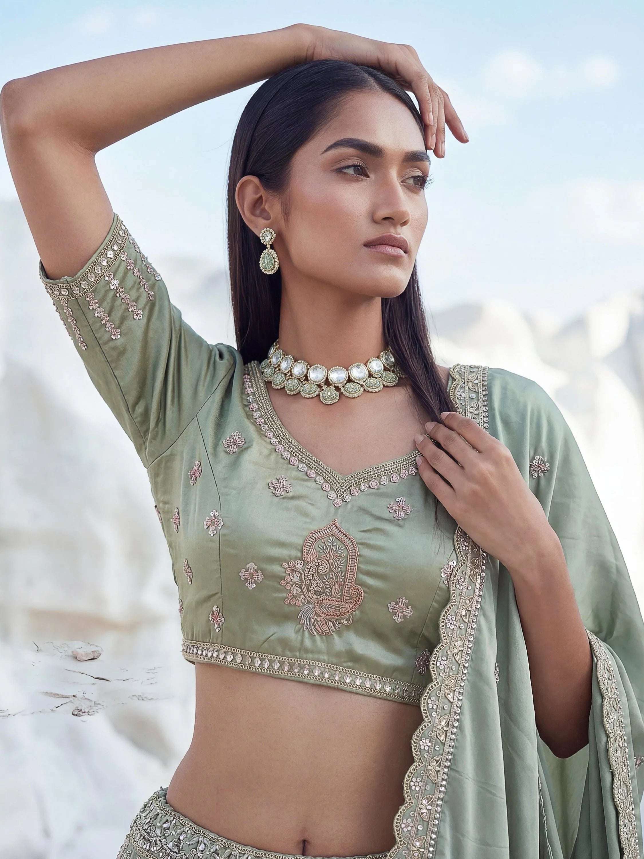 Awesome Green Embroidered Silk Wedding Wear Lehenga With Blouse