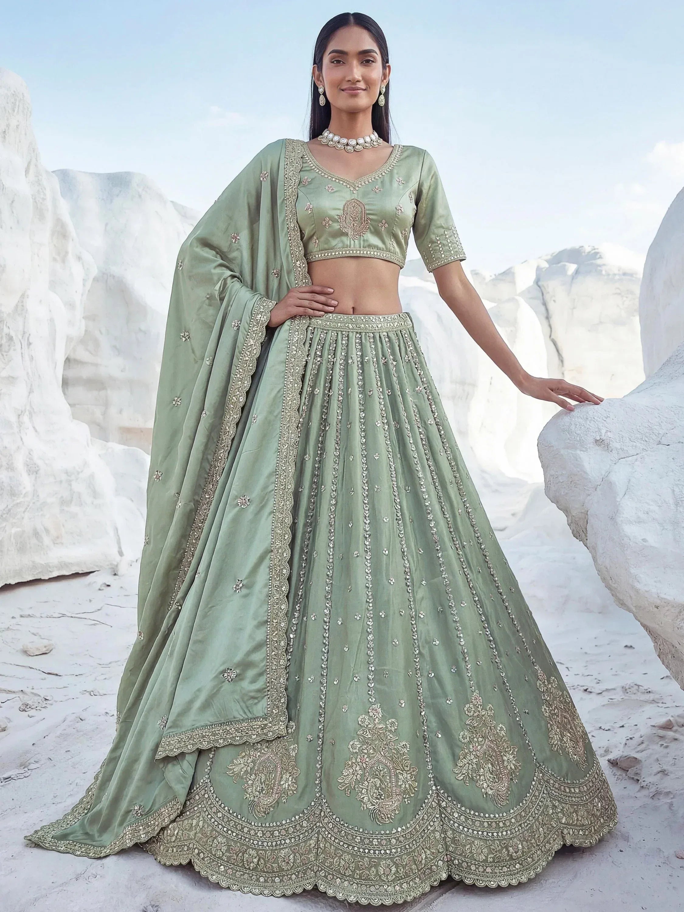 Awesome Green Embroidered Silk Wedding Wear Lehenga With Blouse