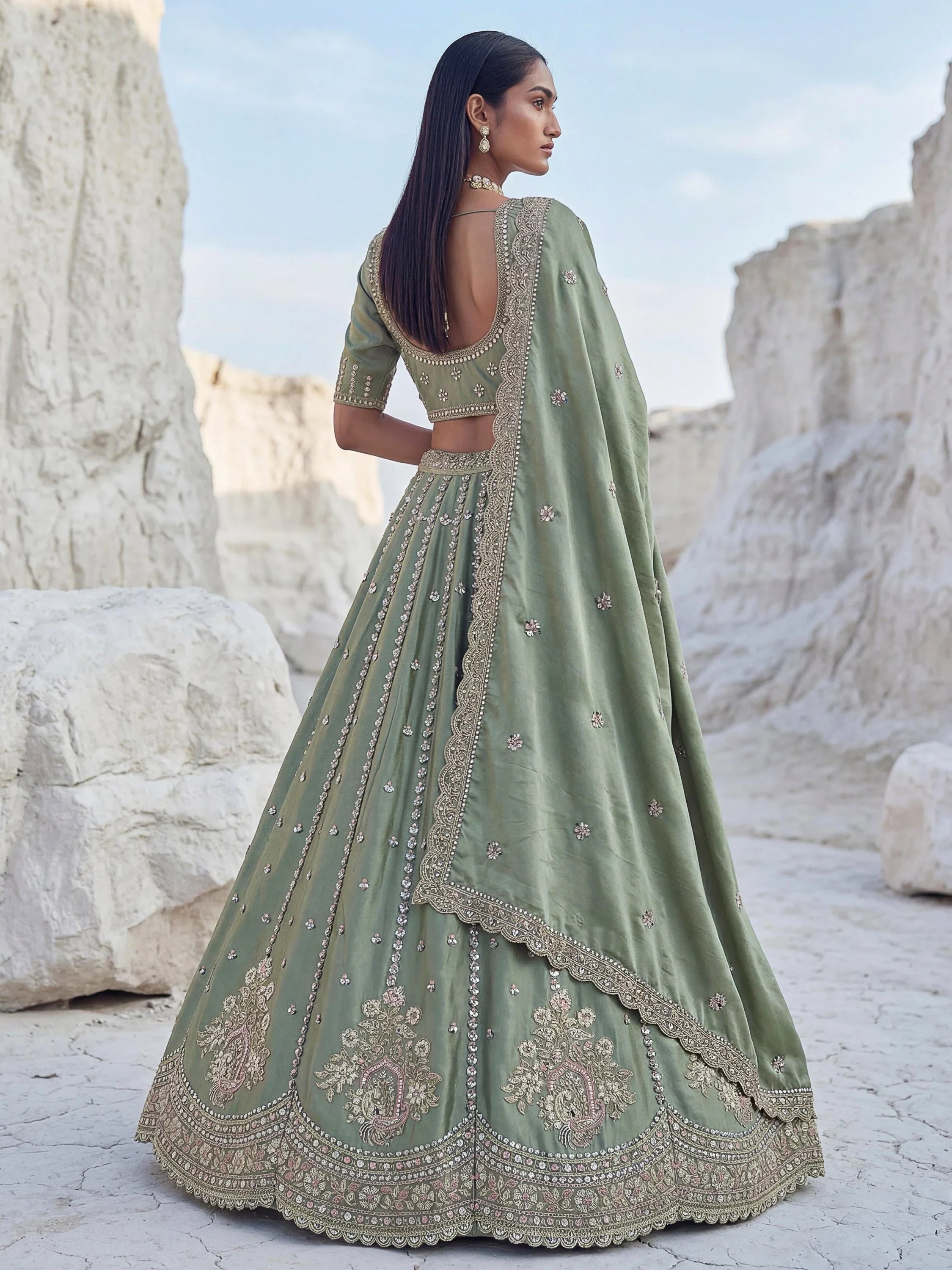 Awesome Green Embroidered Silk Wedding Wear Lehenga With Blouse