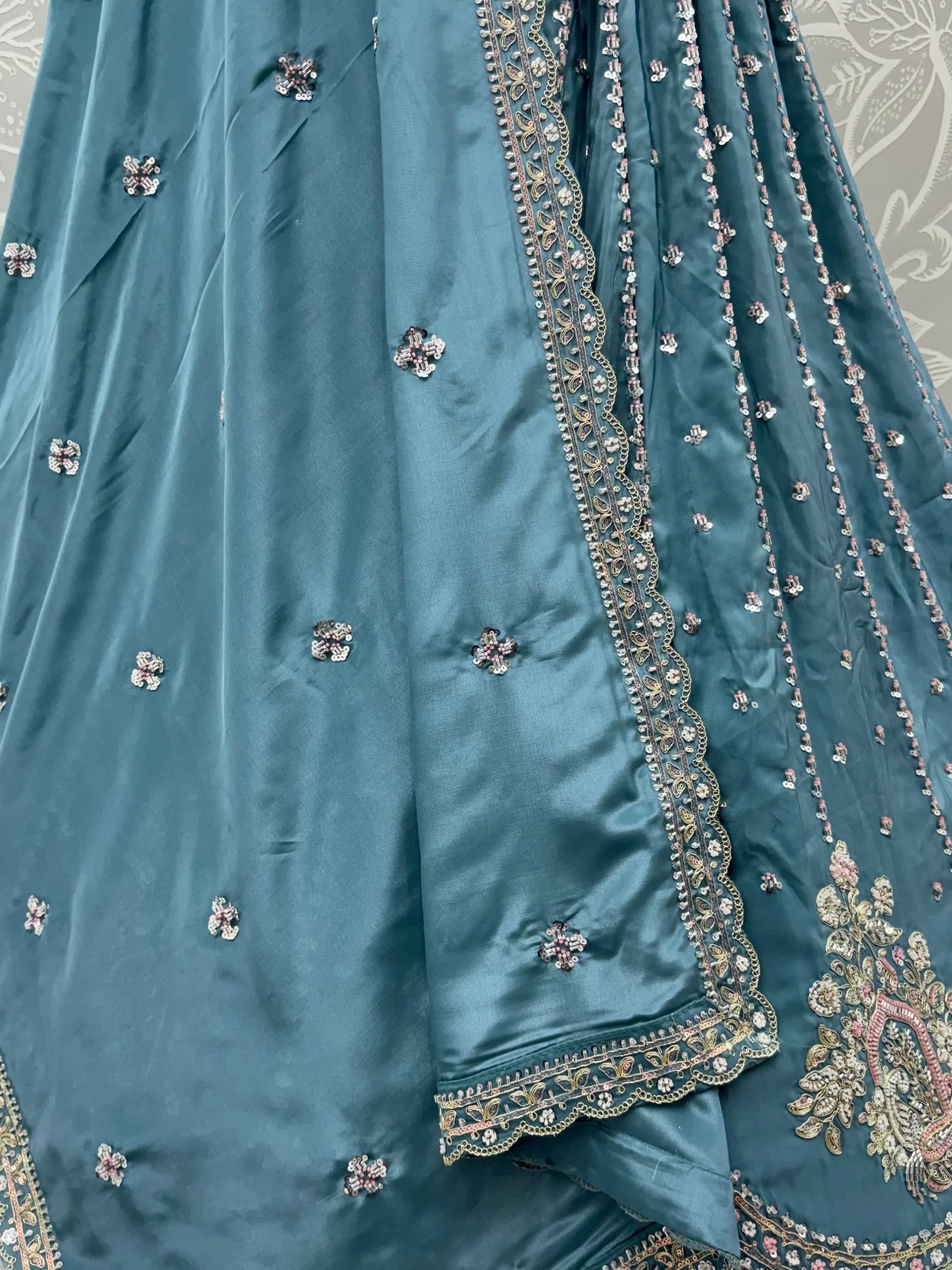 Awesome Teal Blue Bead Work Silk Engagement Wear Lehenga Choli