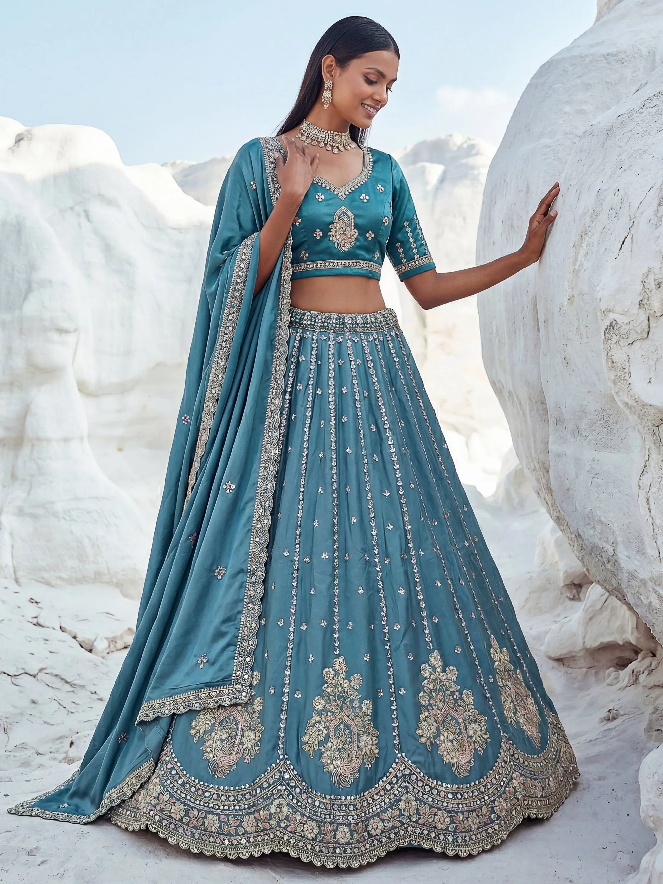 Awesome Teal Blue Bead Work Silk Engagement Wear Lehenga Choli