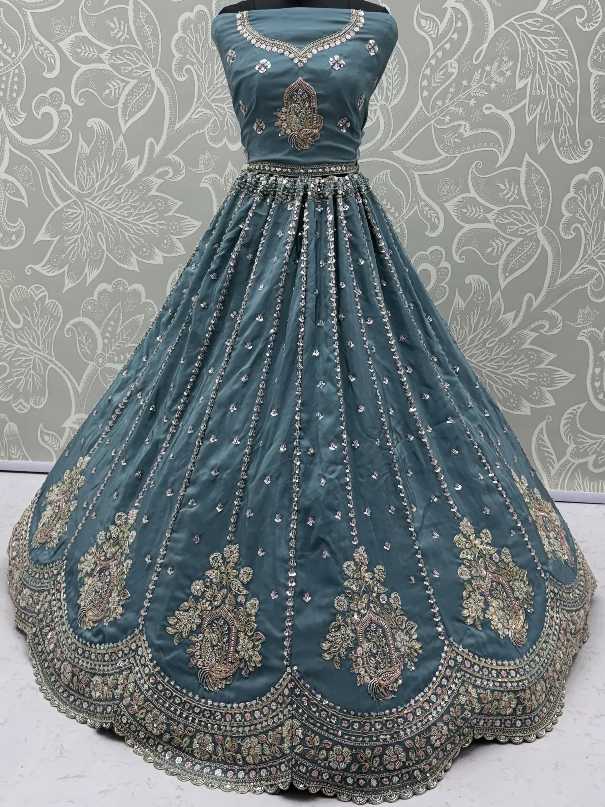 Awesome Teal Blue Bead Work Silk Engagement Wear Lehenga Choli