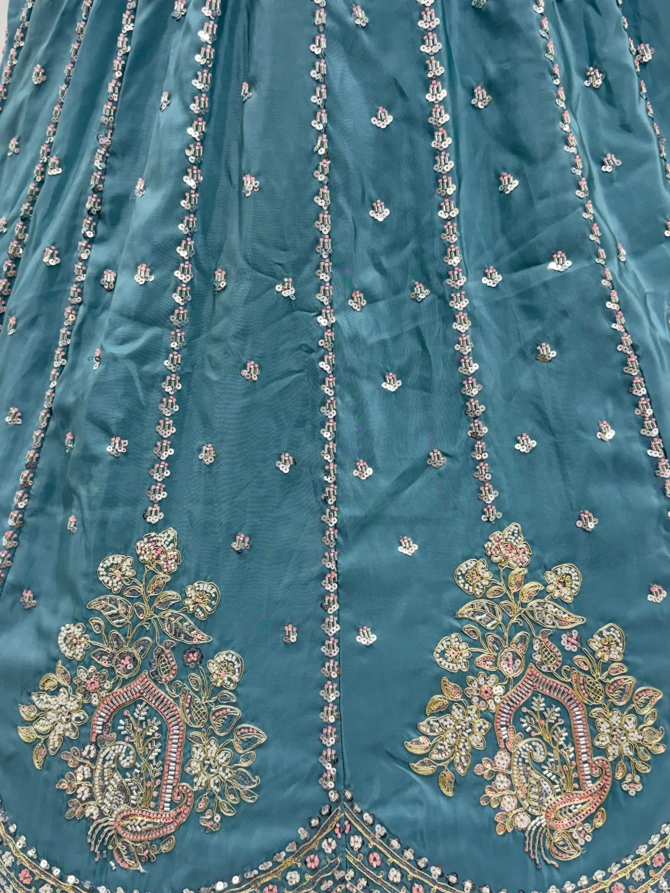Awesome Teal Blue Bead Work Silk Engagement Wear Lehenga Choli