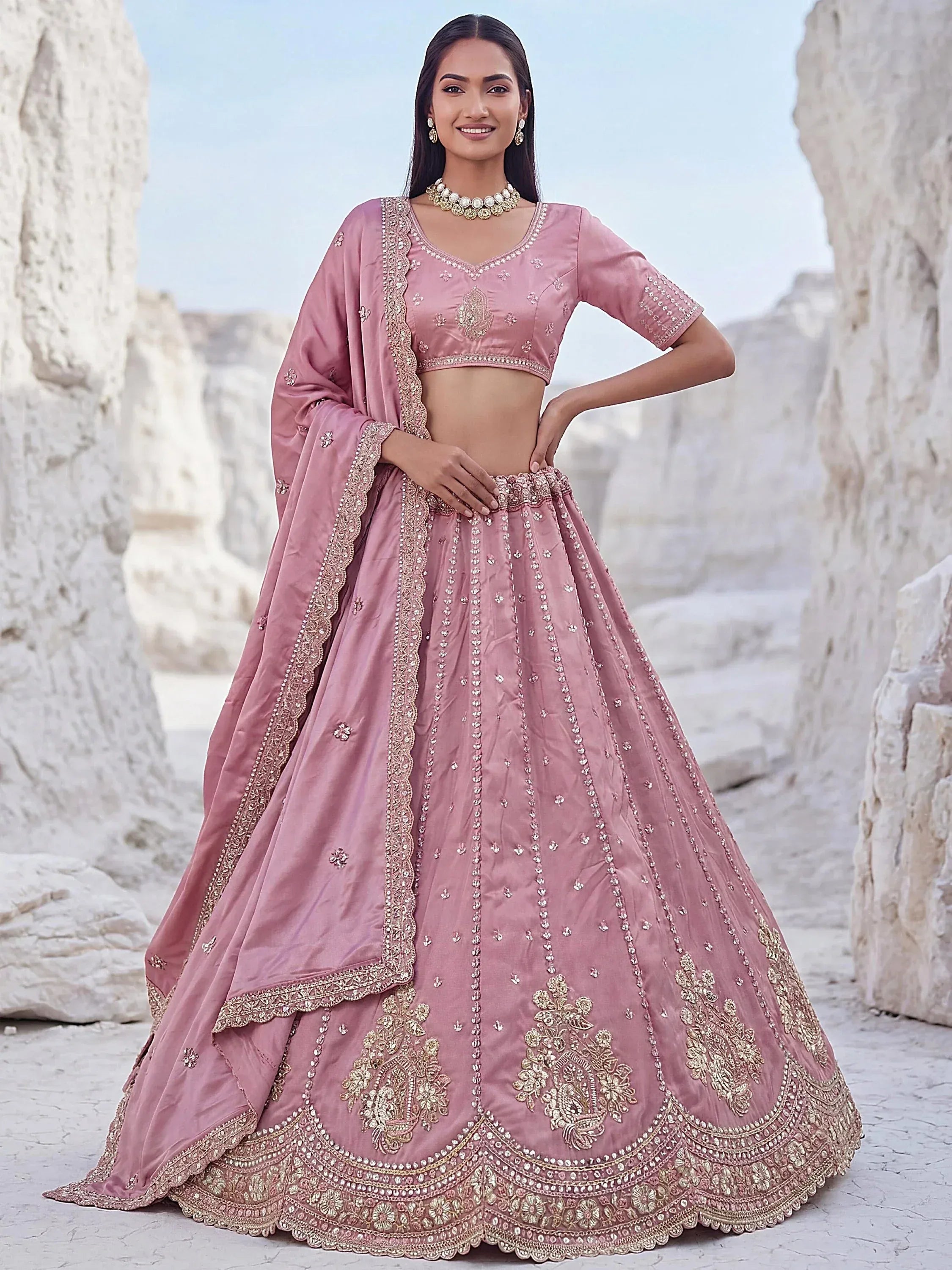 Royal Pink Sequins Silk Sangeet Wear Lehenga Choli With Dupatta