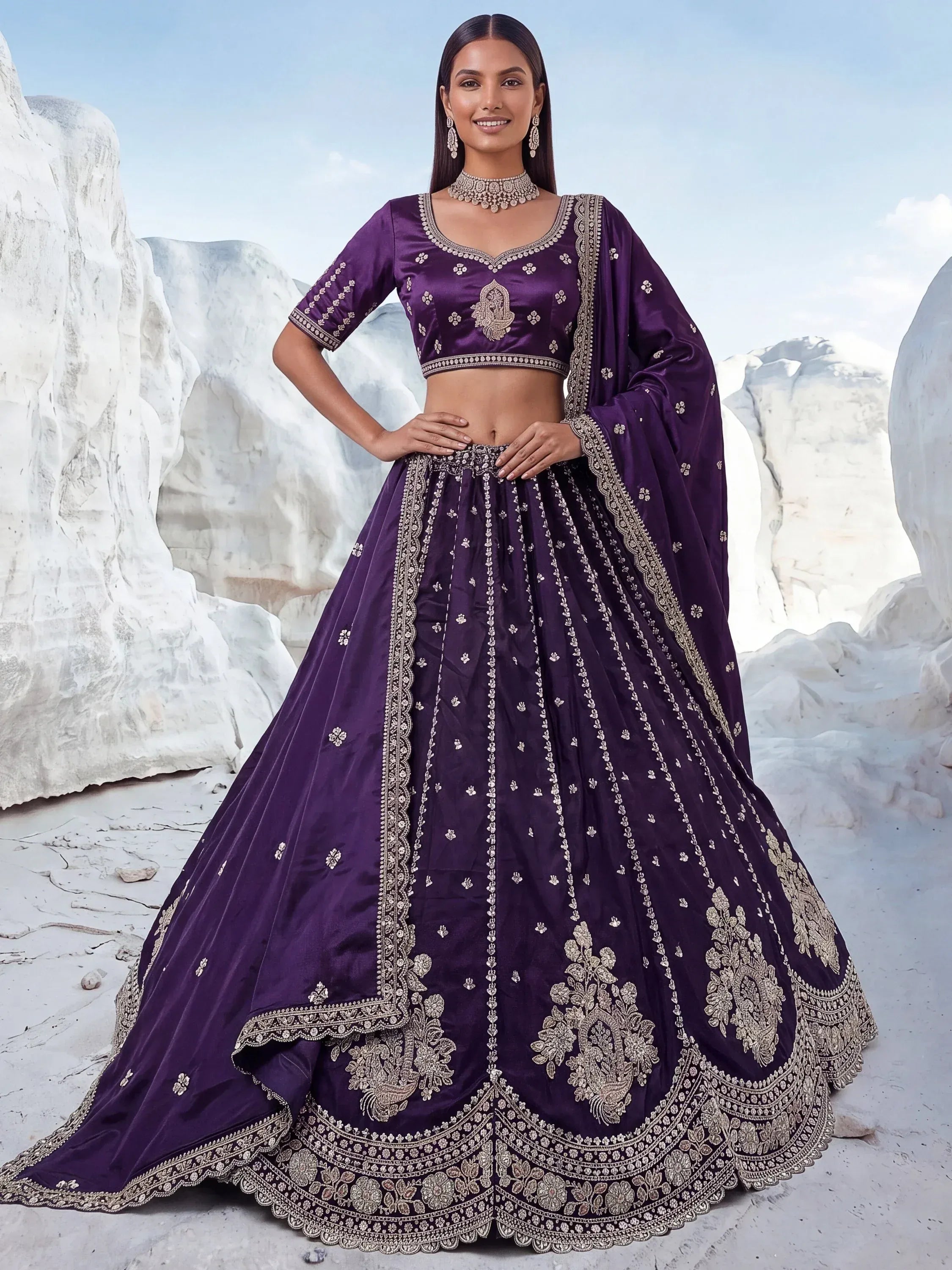 Luxurious Purple Heavy Work Silk Designer Lehenga Choli With Dupatta