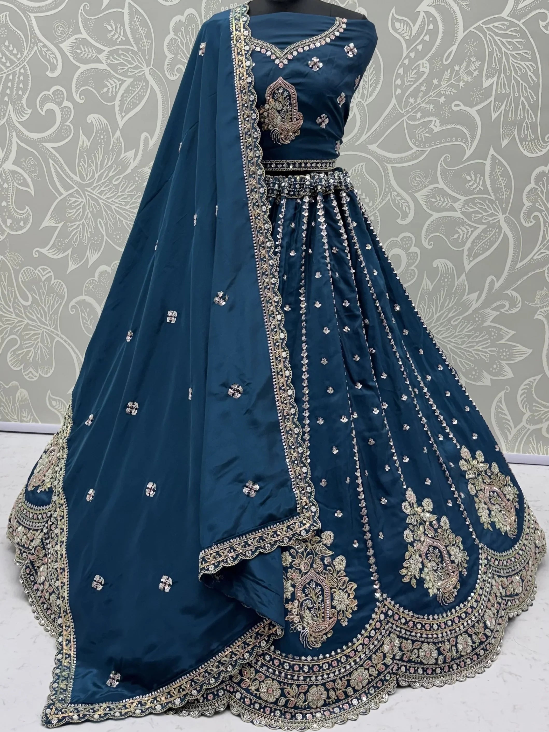 Dazzling Teal Blue Sequins Silk Wedding Wear Lehenga Choli