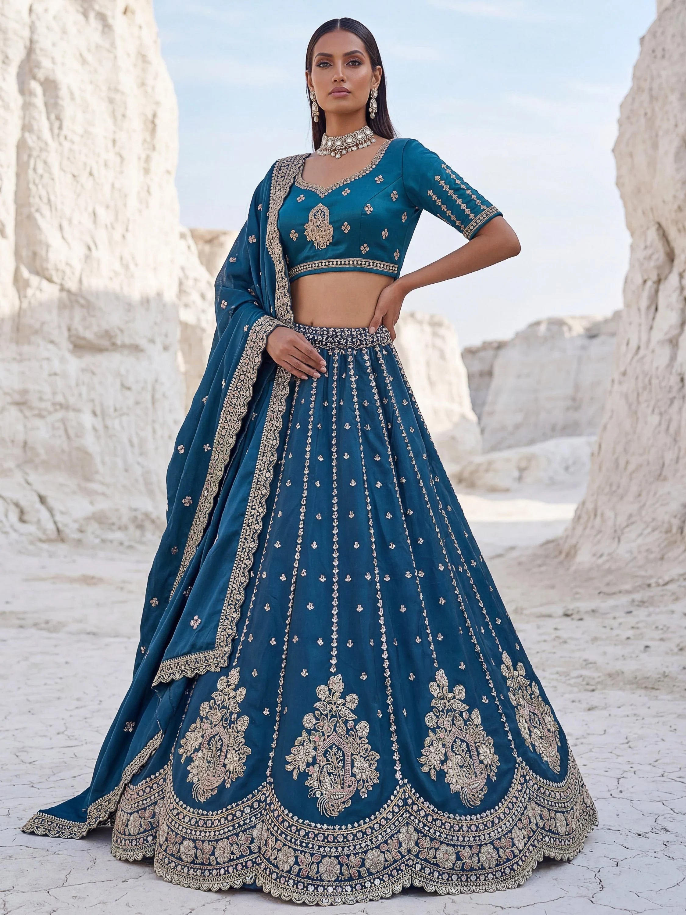 Dazzling Teal Blue Sequins Silk Wedding Wear Lehenga Choli