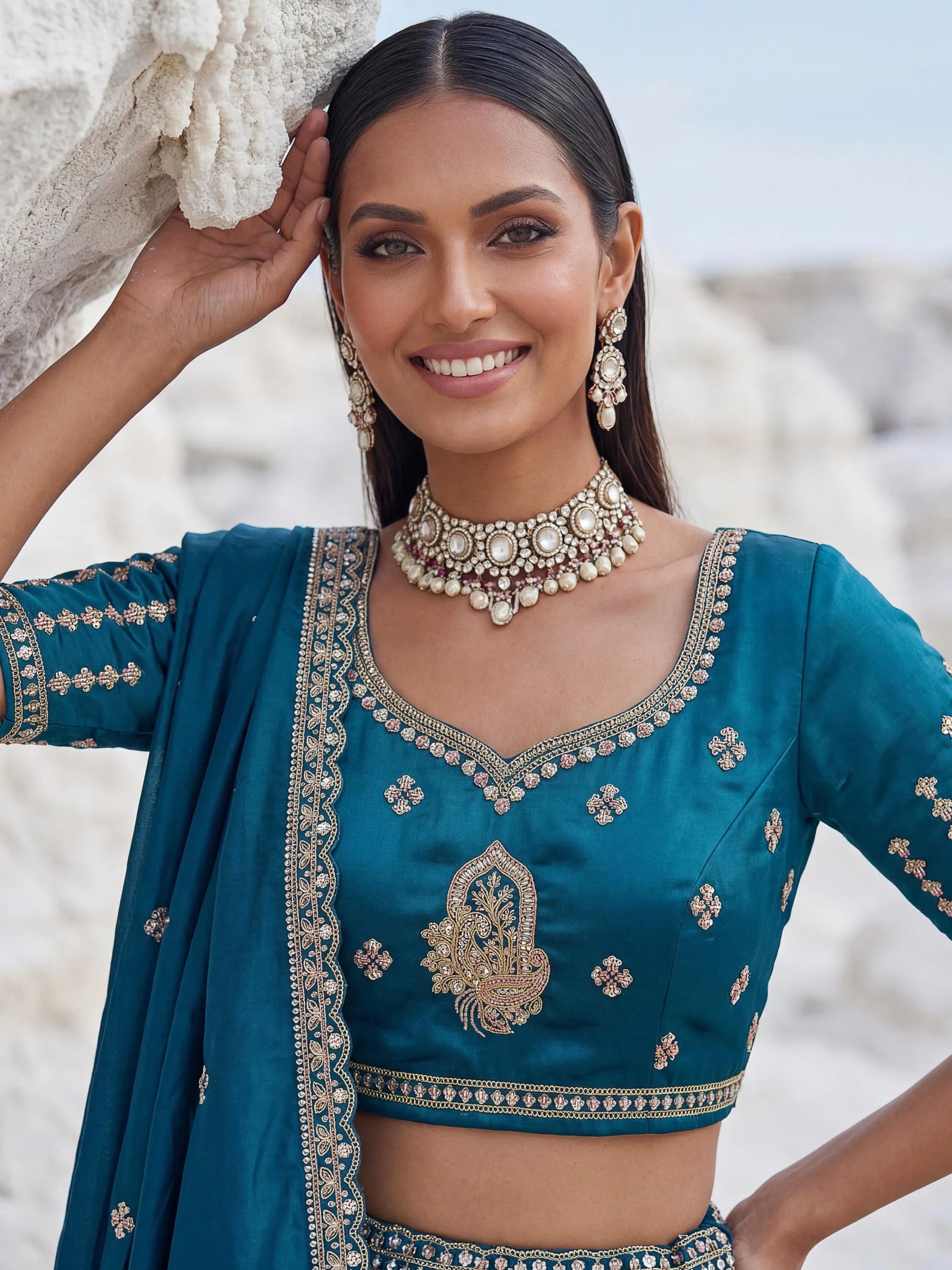 Dazzling Teal Blue Sequins Silk Wedding Wear Lehenga Choli