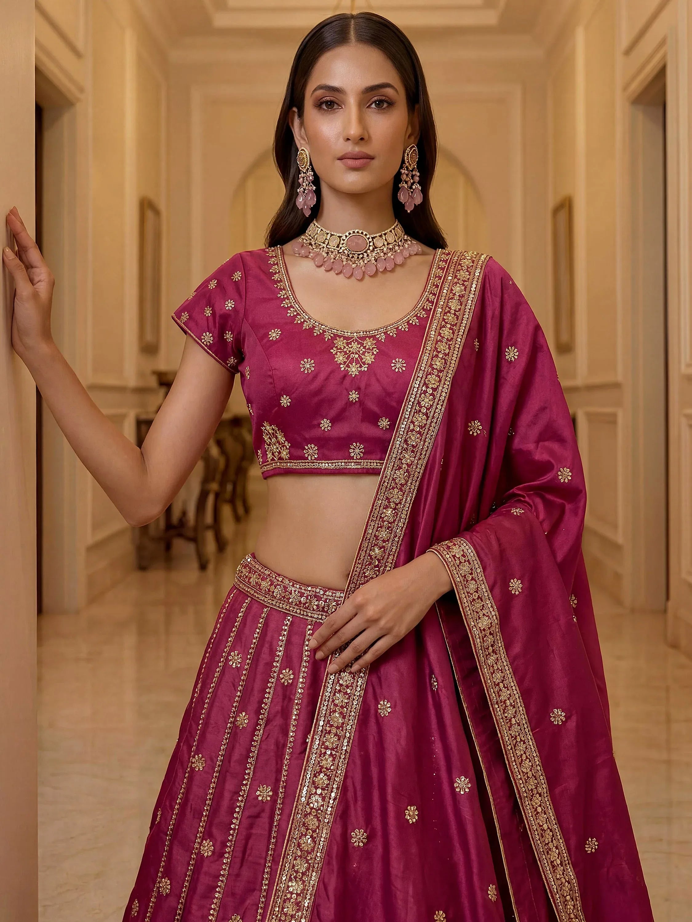 Regal Pink Zari Work Silk Engagement Wear Lehenga Choli With Dupatta
