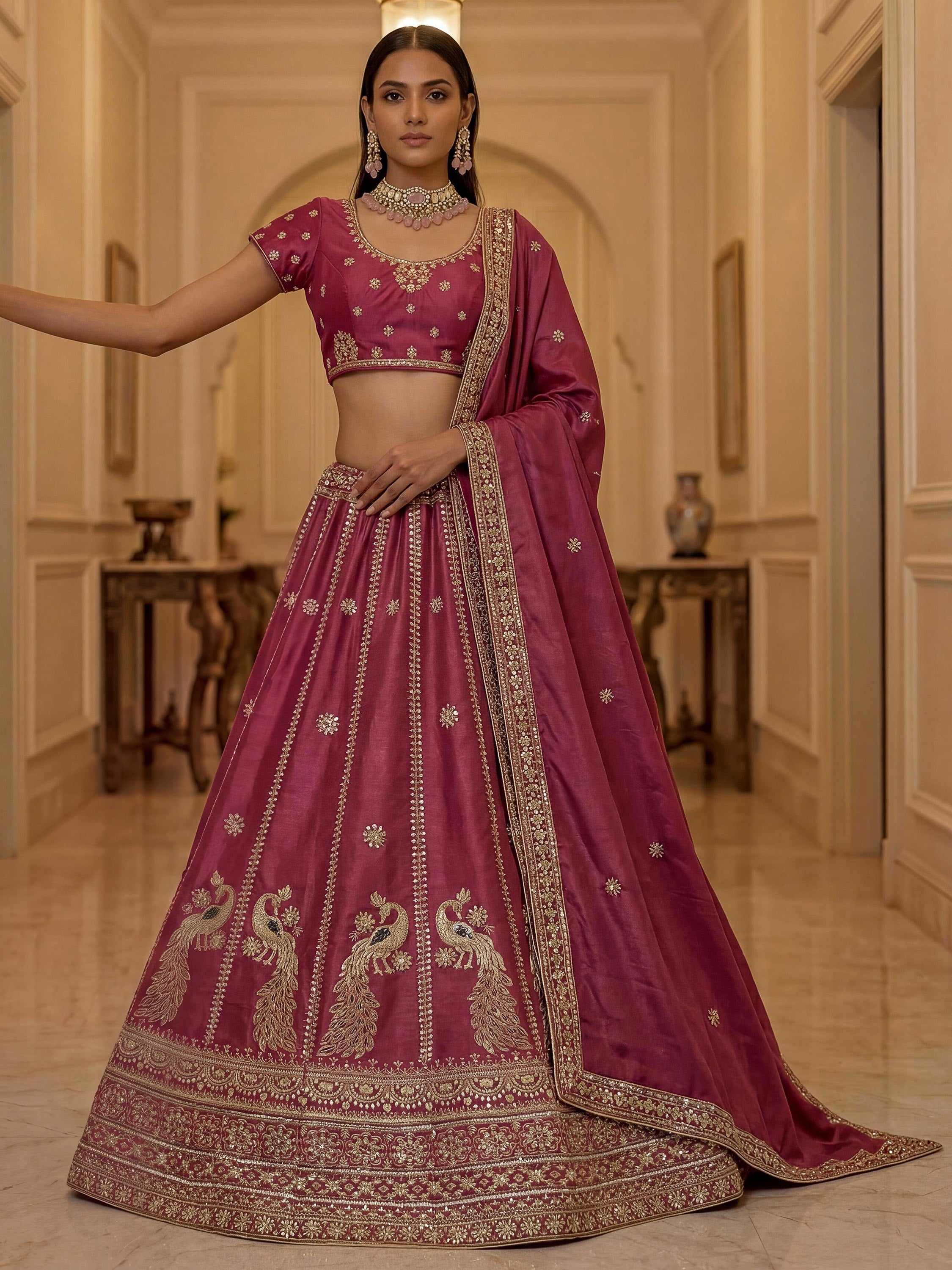 Regal Pink Zari Work Silk Engagement Wear Lehenga Choli With Dupatta