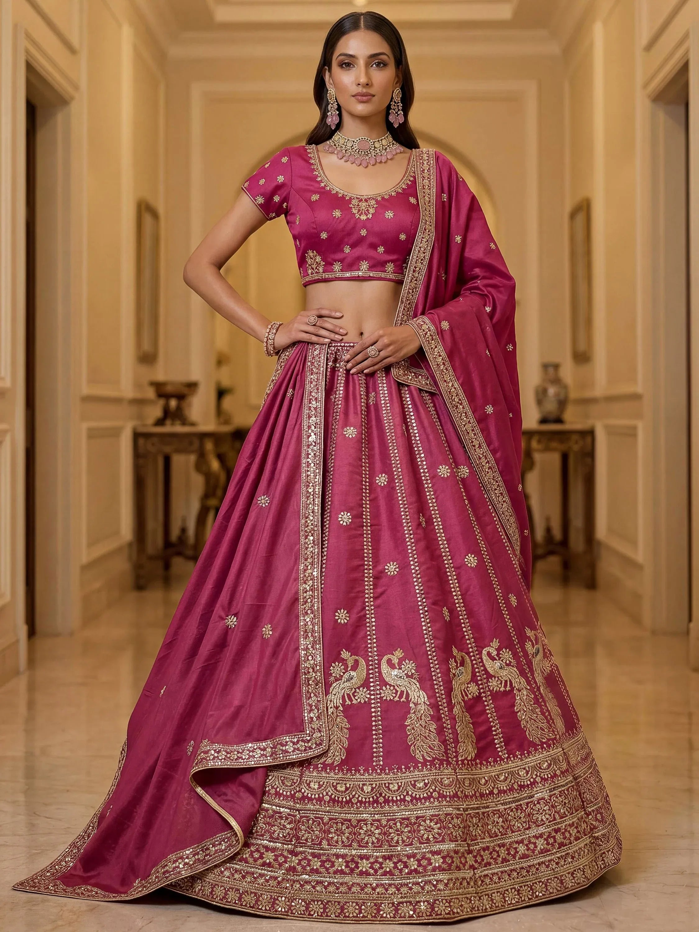 Regal Pink Zari Work Silk Engagement Wear Lehenga Choli With Dupatta
