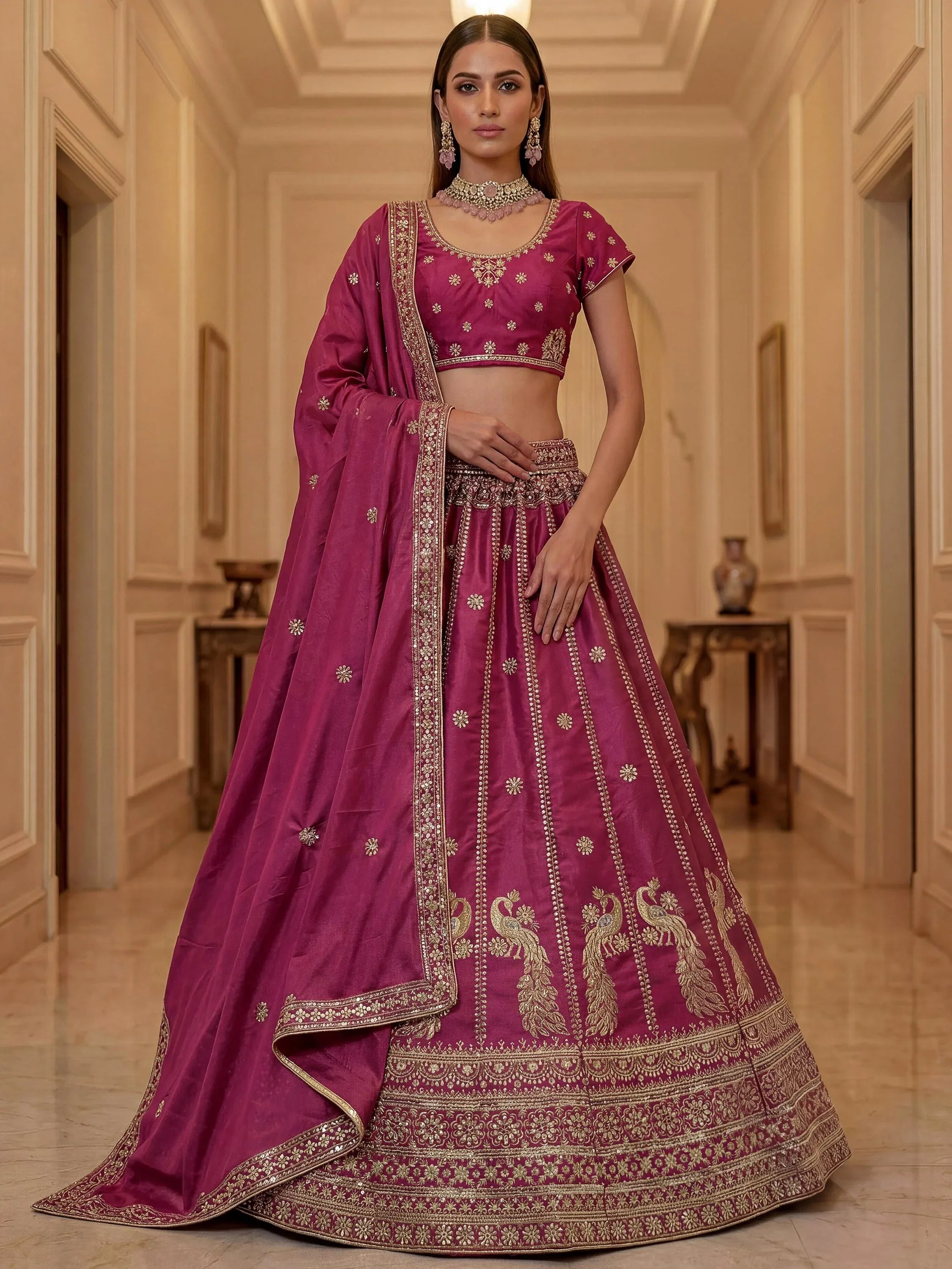 Regal Pink Zari Work Silk Engagement Wear Lehenga Choli With Dupatta