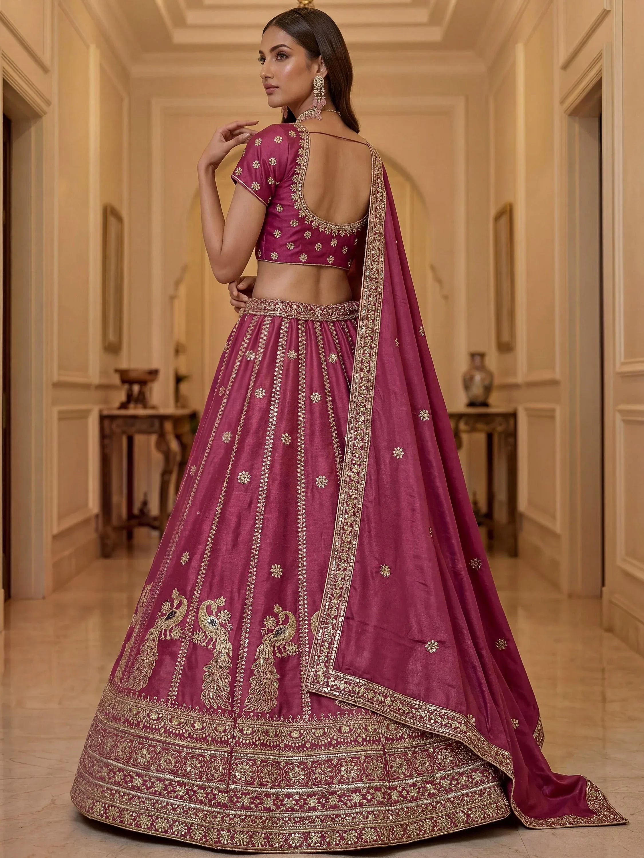 Regal Pink Zari Work Silk Engagement Wear Lehenga Choli With Dupatta