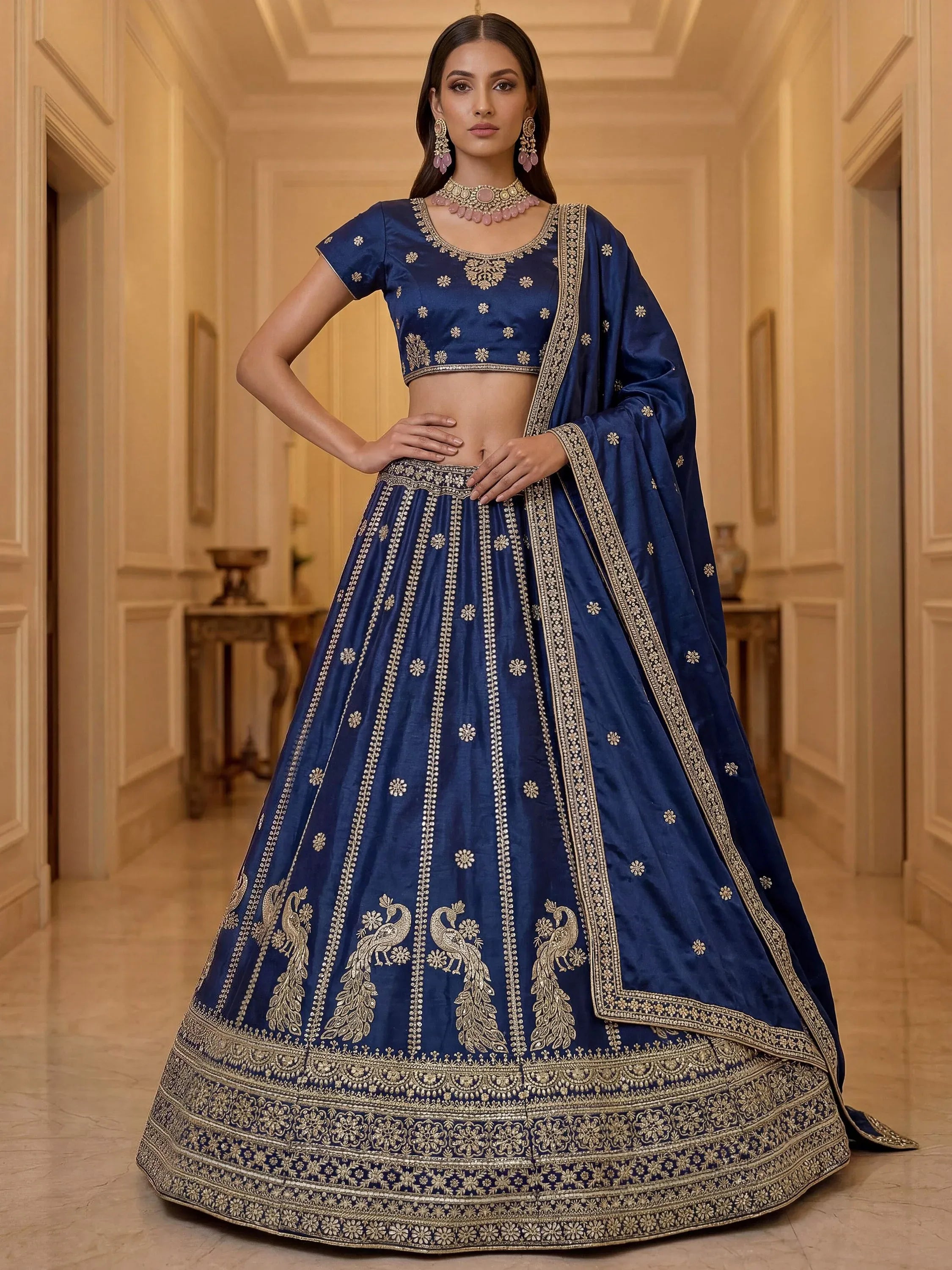 Gorgeous Navy Blue Sequins Silk Wedding Wear Lehenga Choli With Dupatta