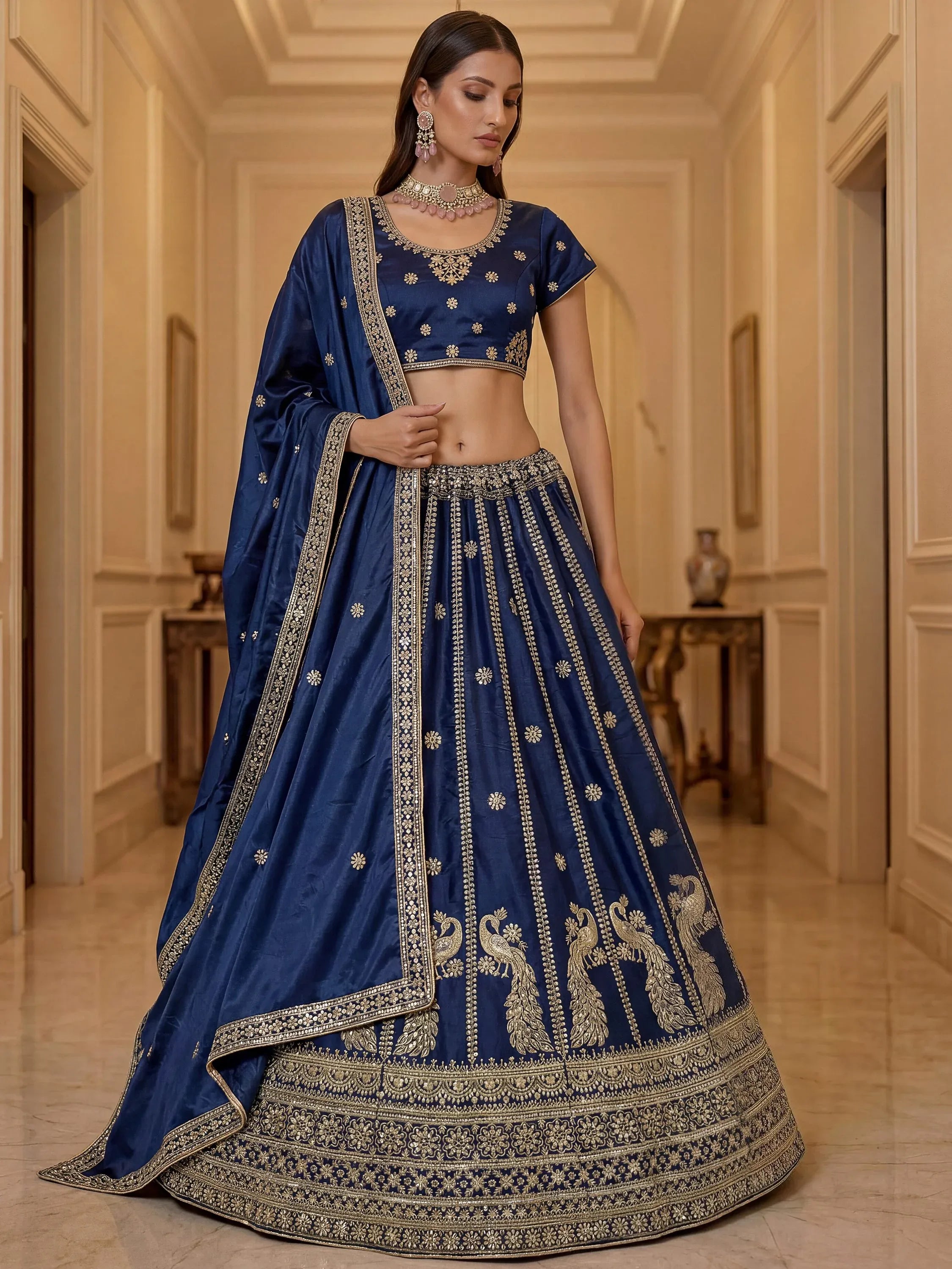 Gorgeous Navy Blue Sequins Silk Wedding Wear Lehenga Choli With Dupatta