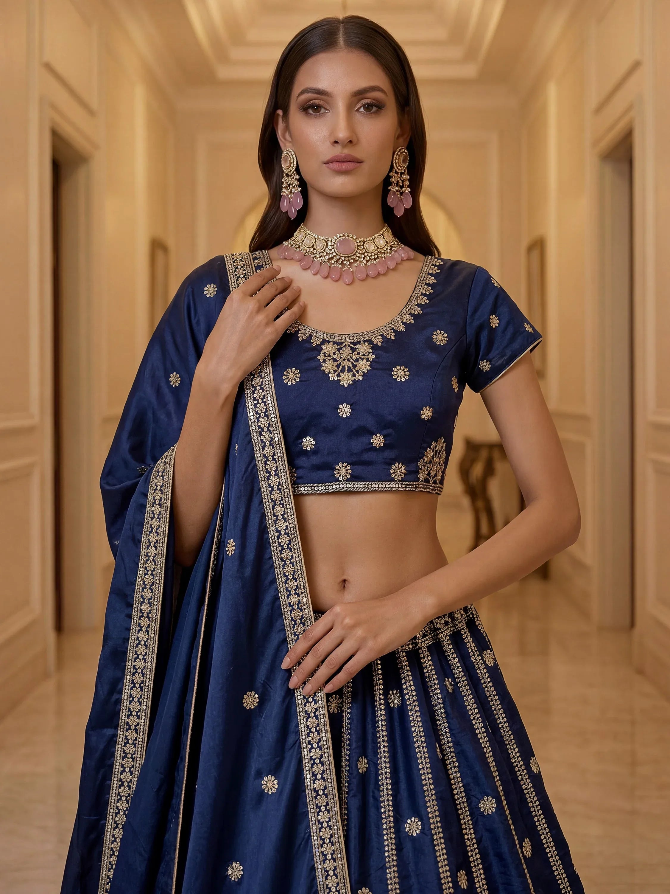 Gorgeous Navy Blue Sequins Silk Wedding Wear Lehenga Choli With Dupatta