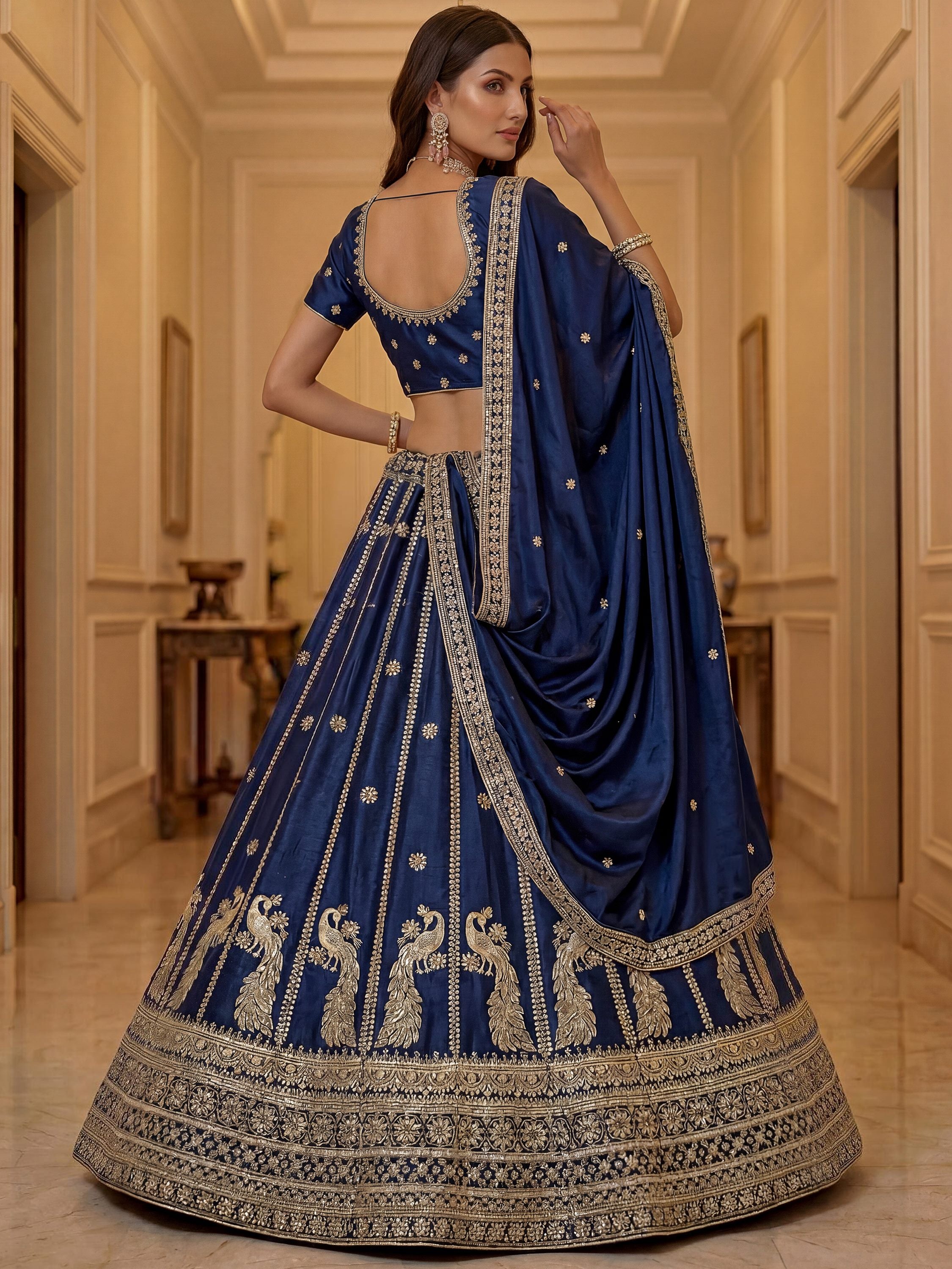 Gorgeous Navy Blue Sequins Silk Wedding Wear Lehenga Choli With Dupatta