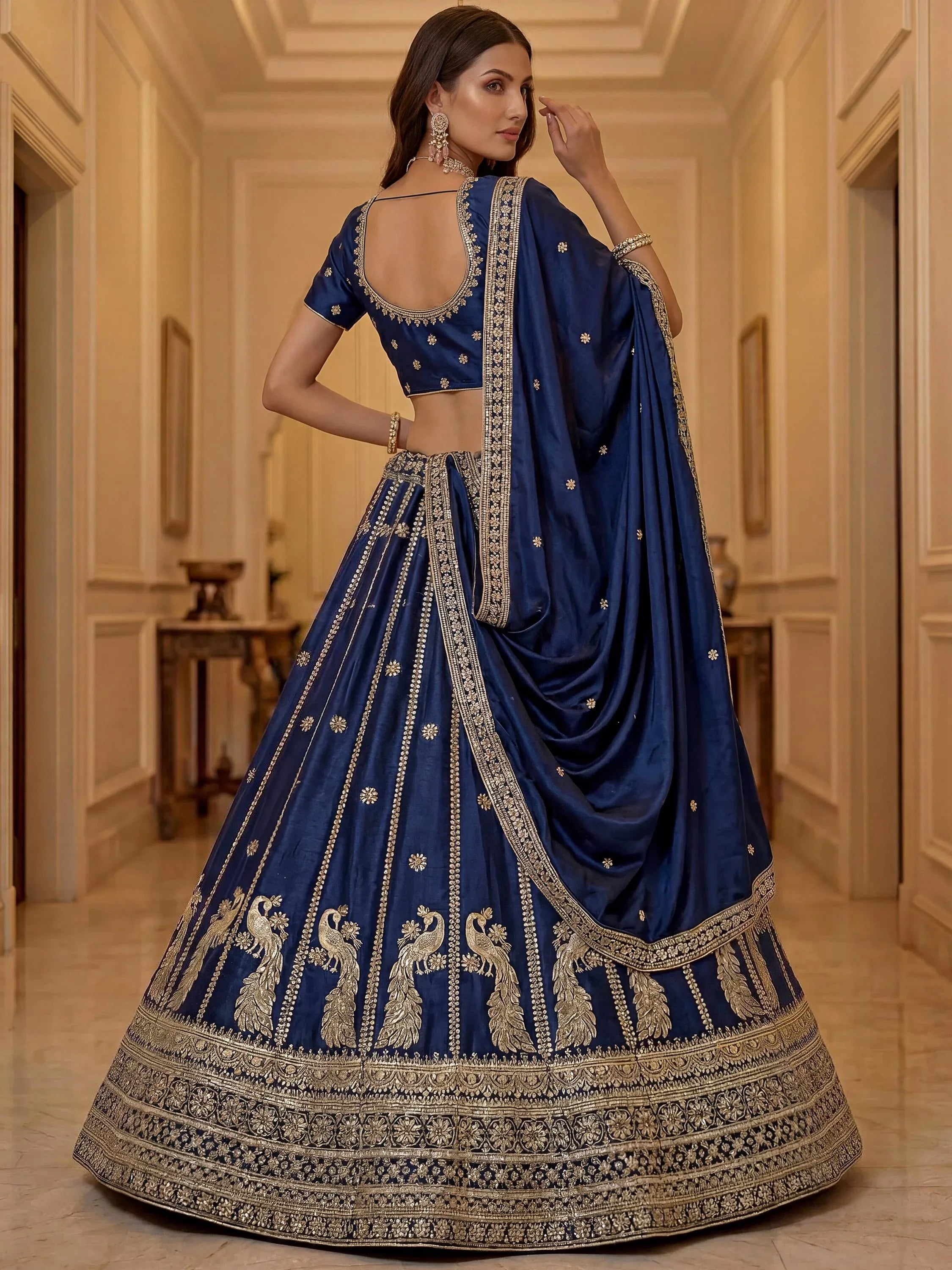 Gorgeous Navy Blue Sequins Silk Wedding Wear Lehenga Choli With Dupatta
