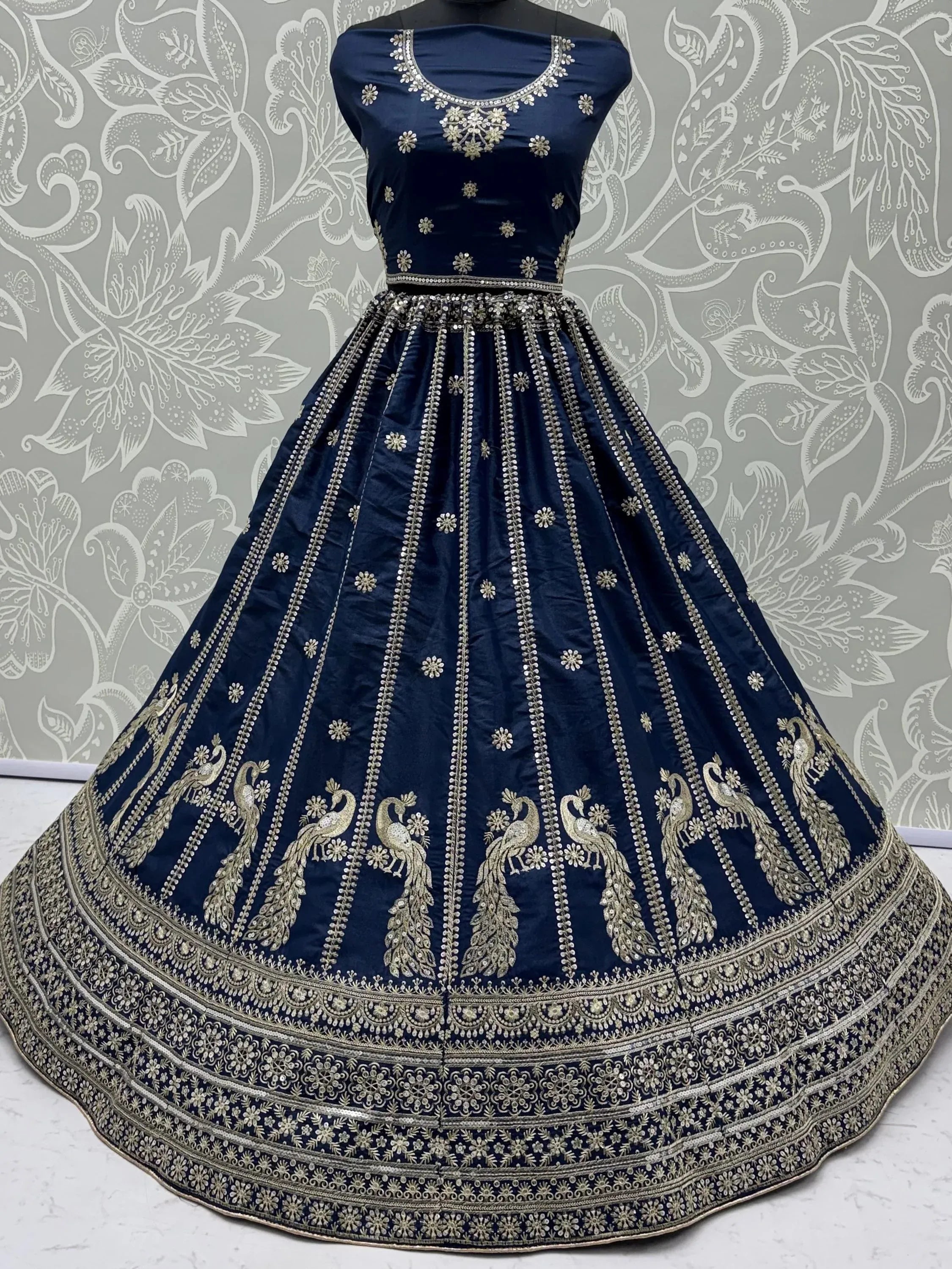 Gorgeous Navy Blue Sequins Silk Wedding Wear Lehenga Choli With Dupatta